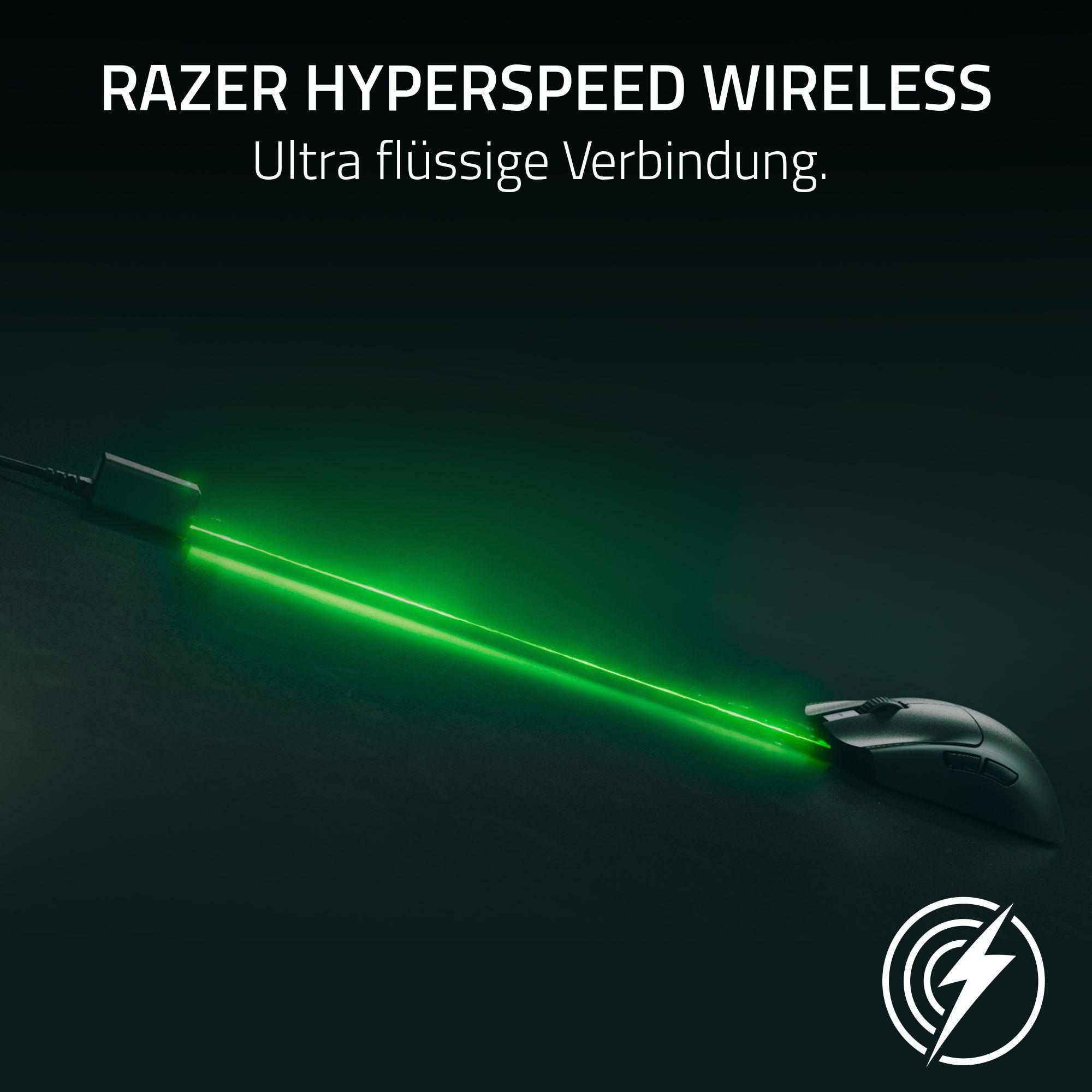 Eine schwarze Gaming-Maus mit grünem Lichtpfad und Text zu Razer HyperSpeed Wireless.
