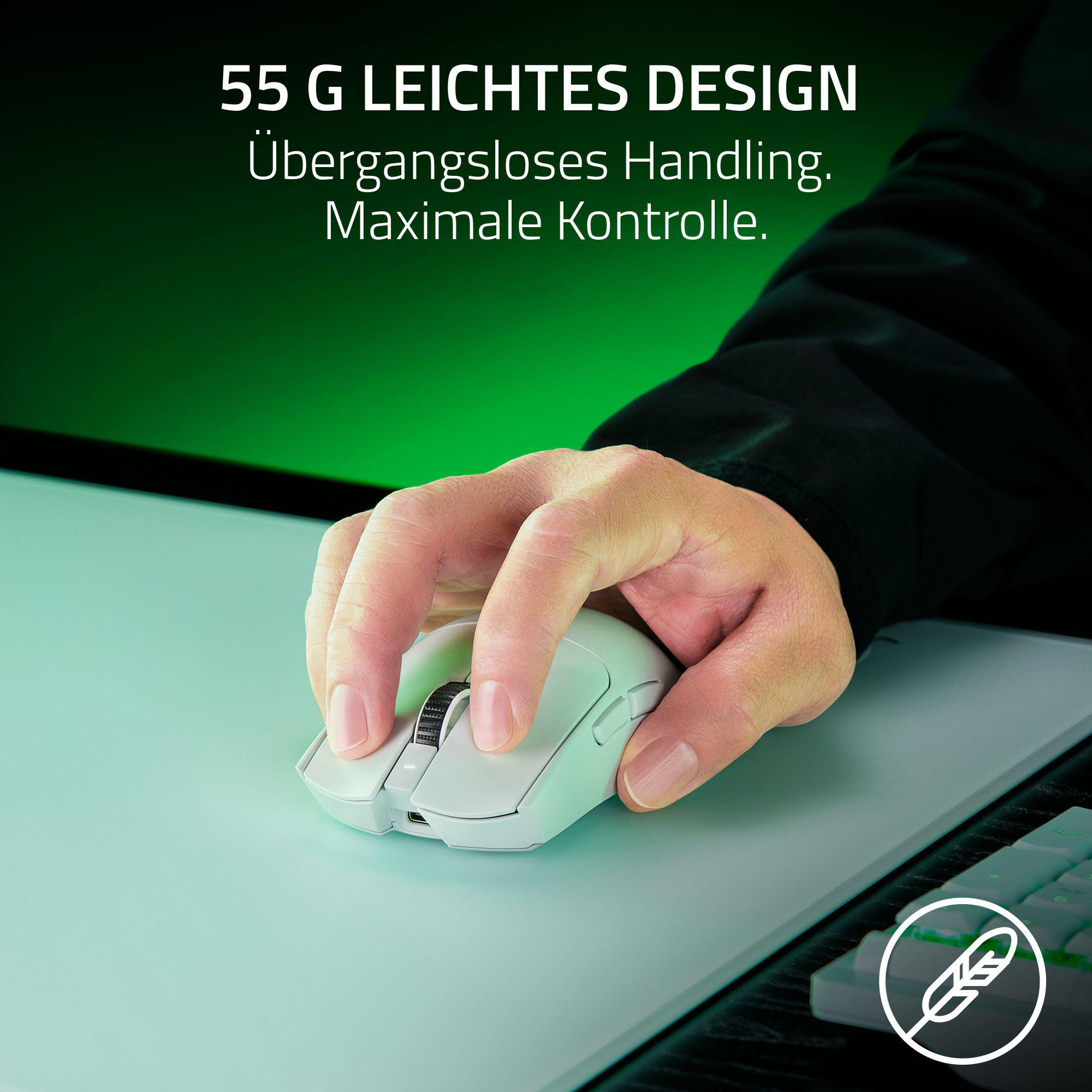 Hand hält weiße Gaming-Maus auf hellgrünem Mauspad. Text: 55g leichtes Design.