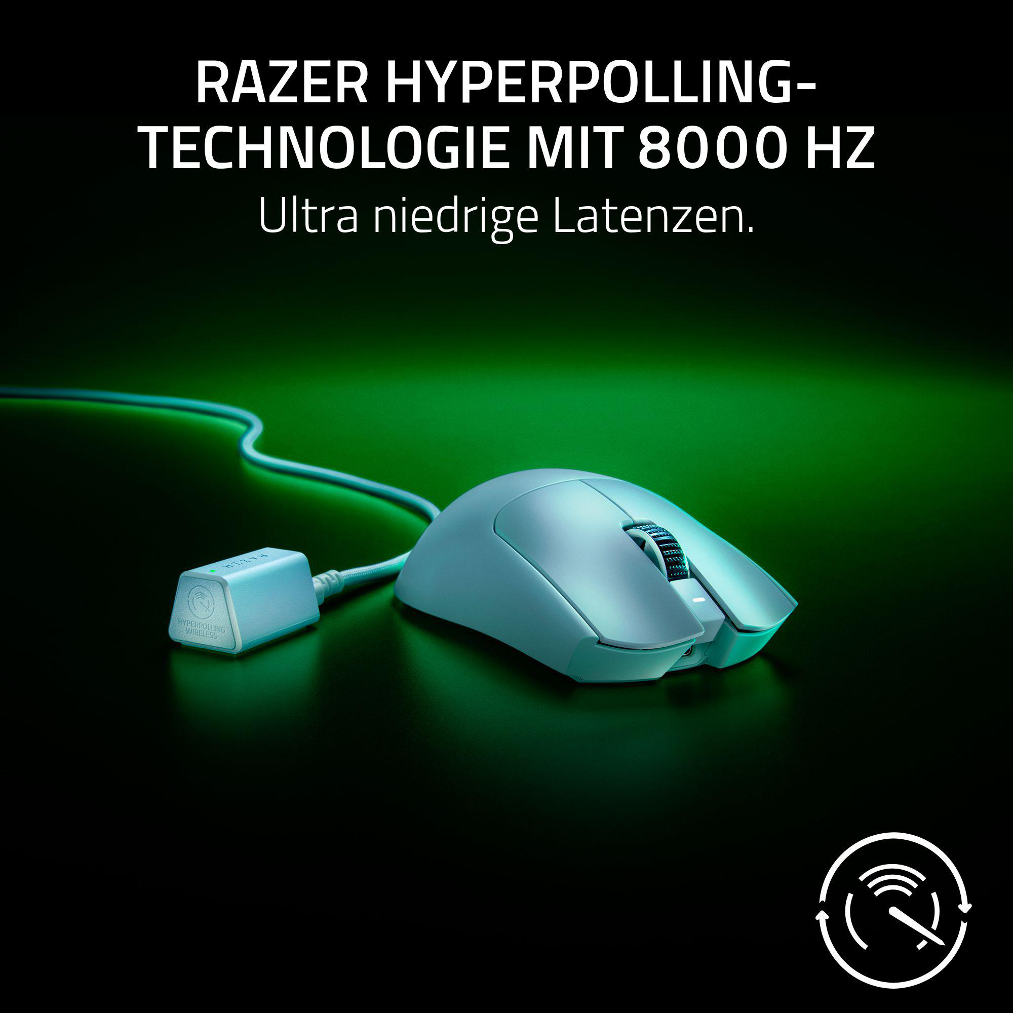 Razer Gaming-Maus mit Text-Overlay, neongrüner Hintergrund.