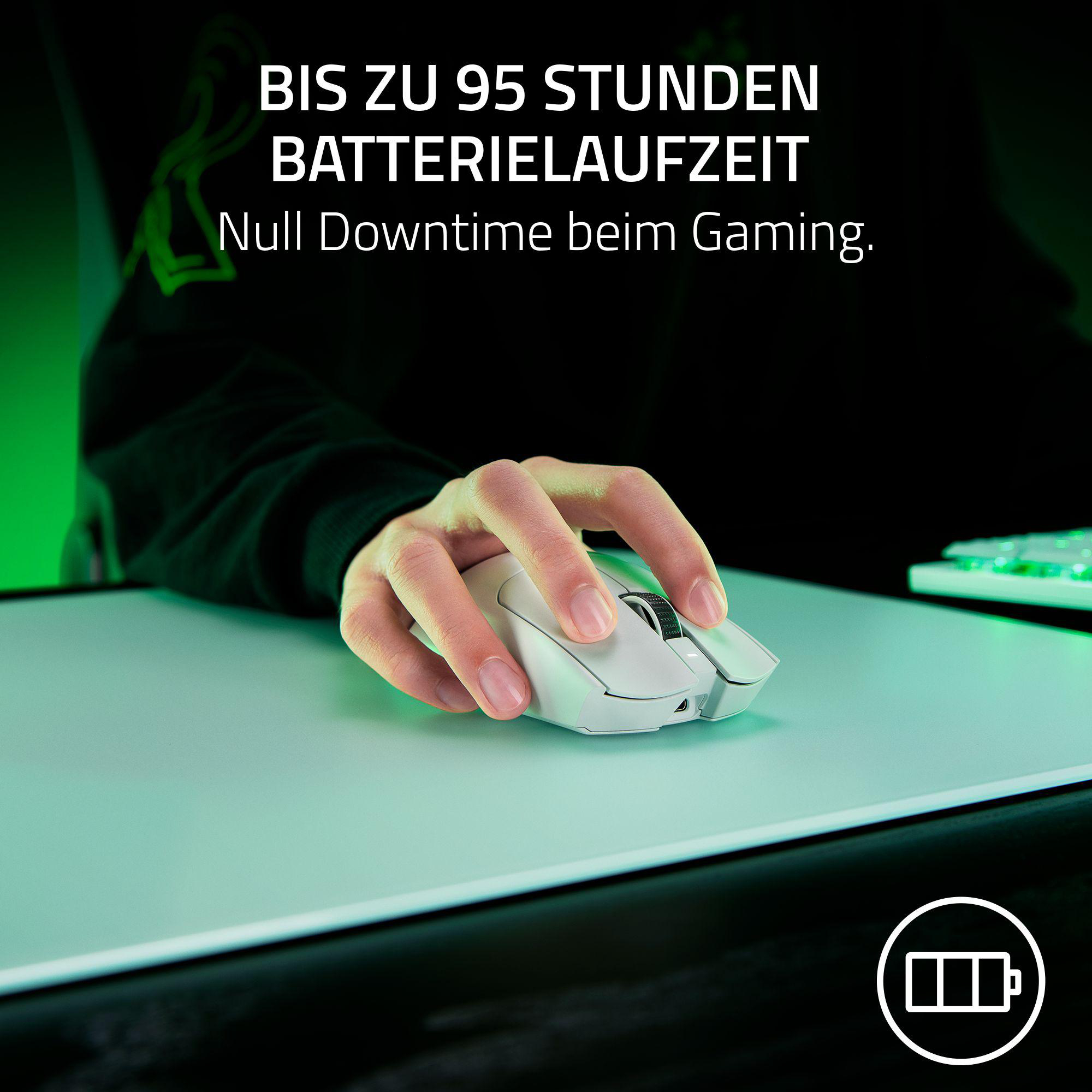 Hand, die weiße Maus auf hellgrünem Pad benutzt, Text: Bis zu 95 Stunden Batterielaufzeit.