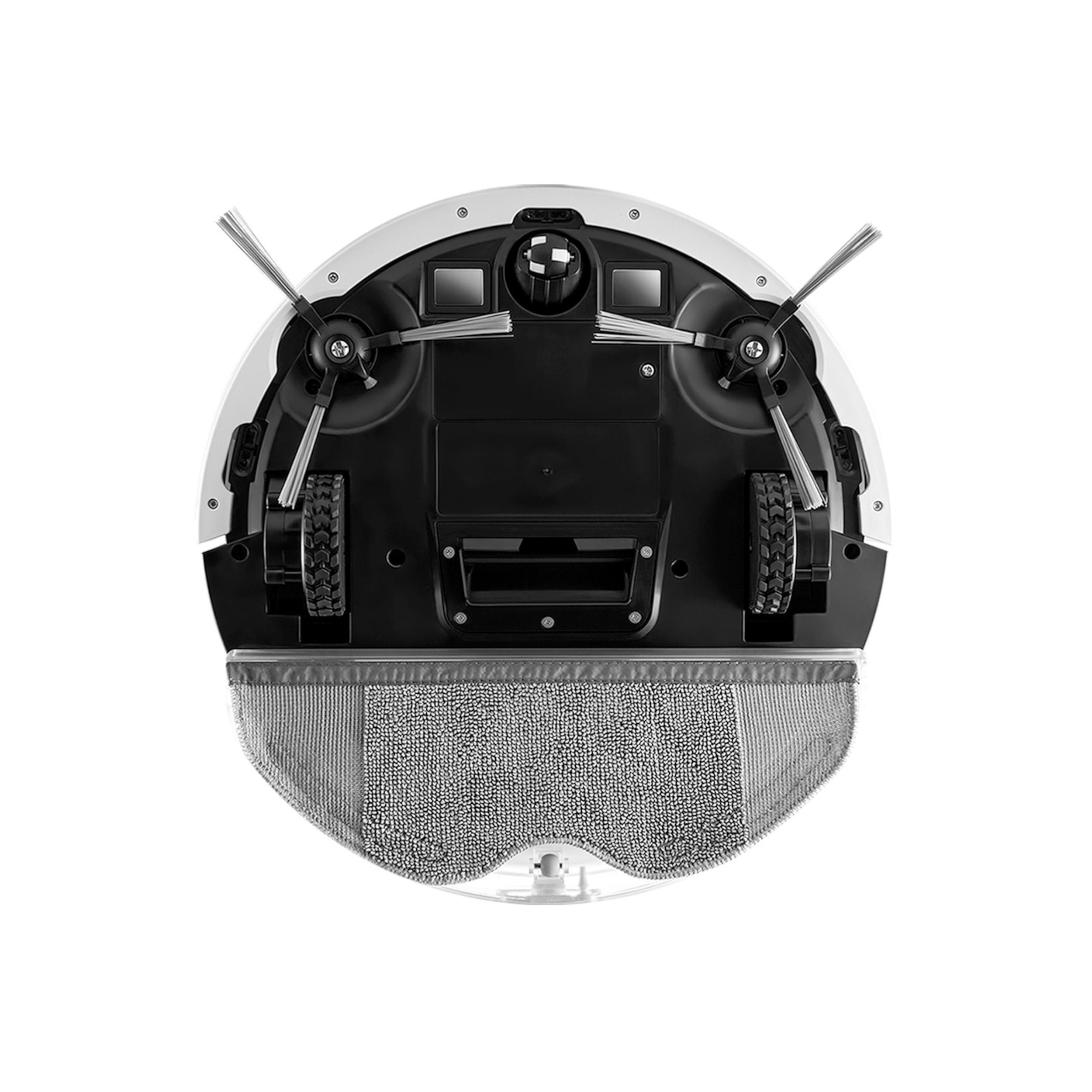 Roboter-Staubsauger von unten. Es ist rund, hat Bürsten, Räder und einen Mopp.
