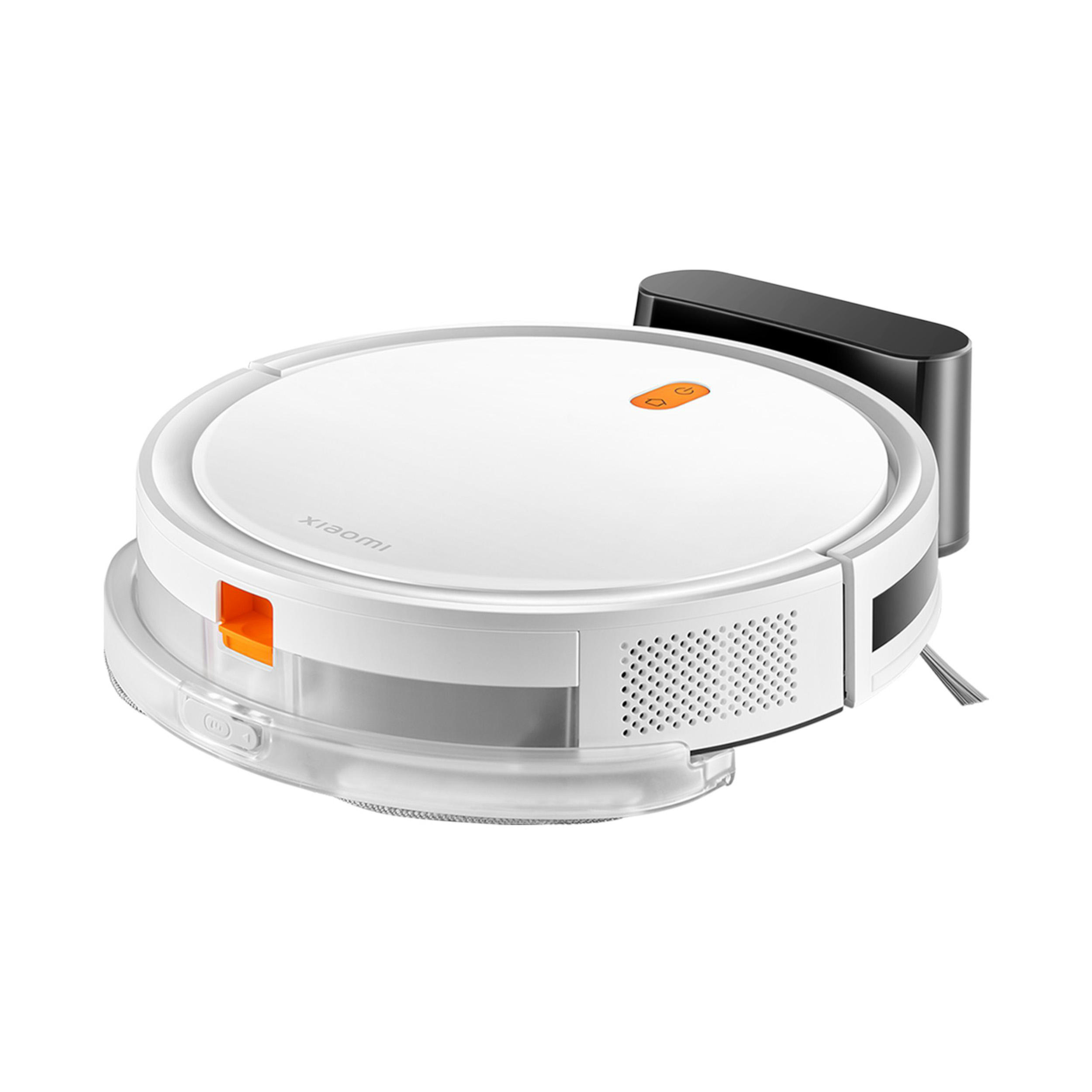 Weiß-schwarzer Roboter-Staubsauger auf weißer Oberfläche.