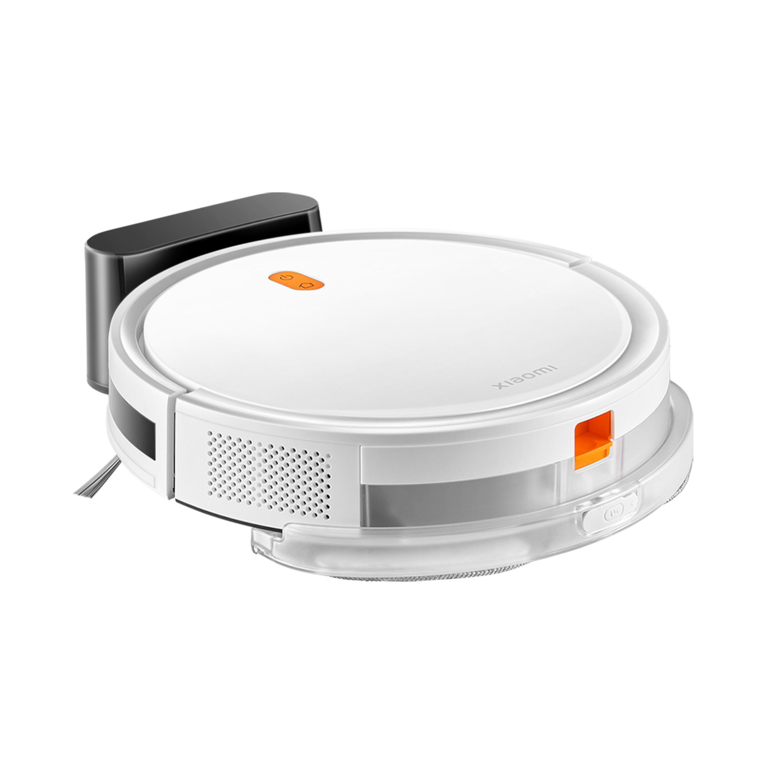 Ein weißer Roboter-Staubsauger mit Ladestation und orangefarbener Taste.