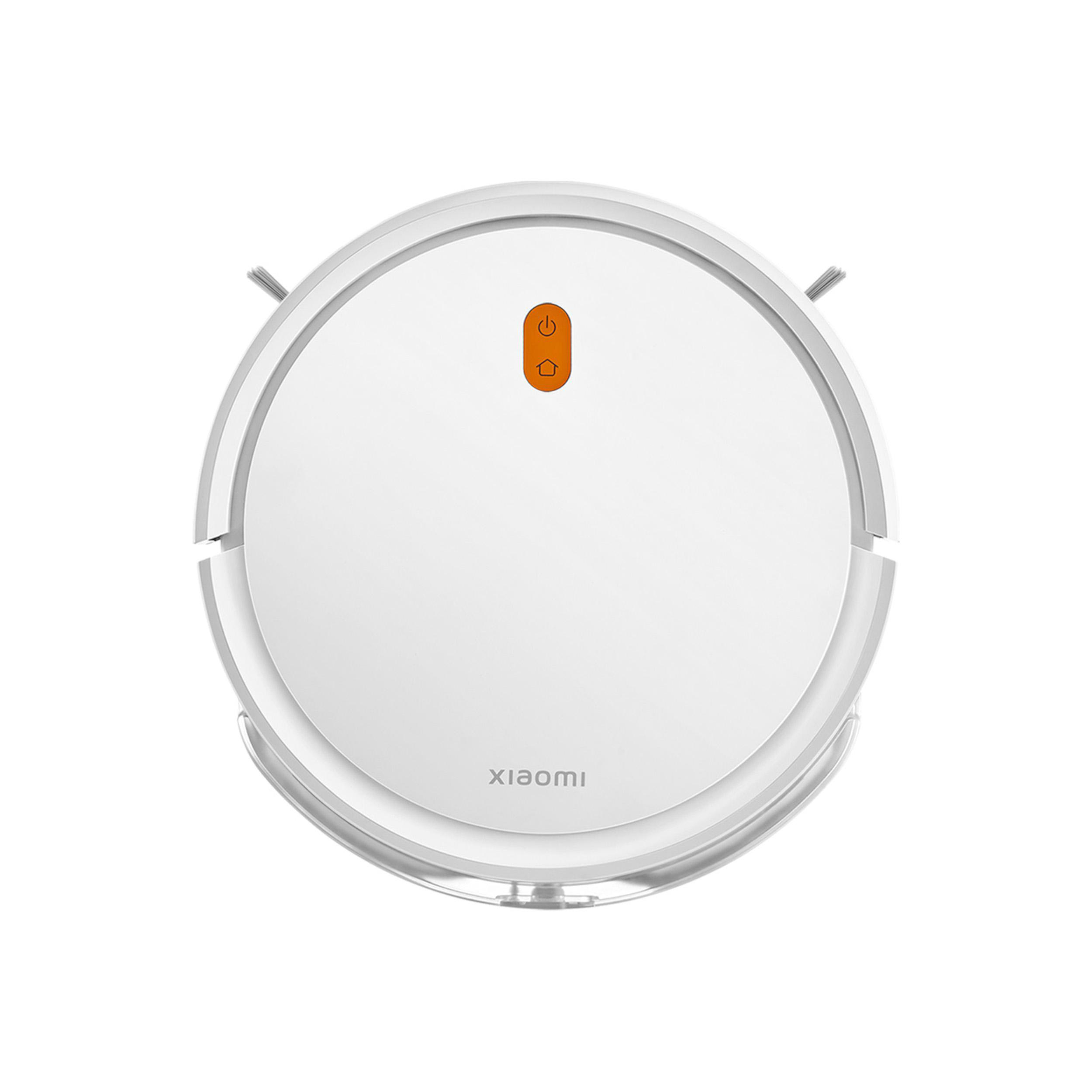 Weißer, kreisförmiger Roboter-Staubsauger. Zu den Merkmalen gehören eine Power-Taste und ein Logo.