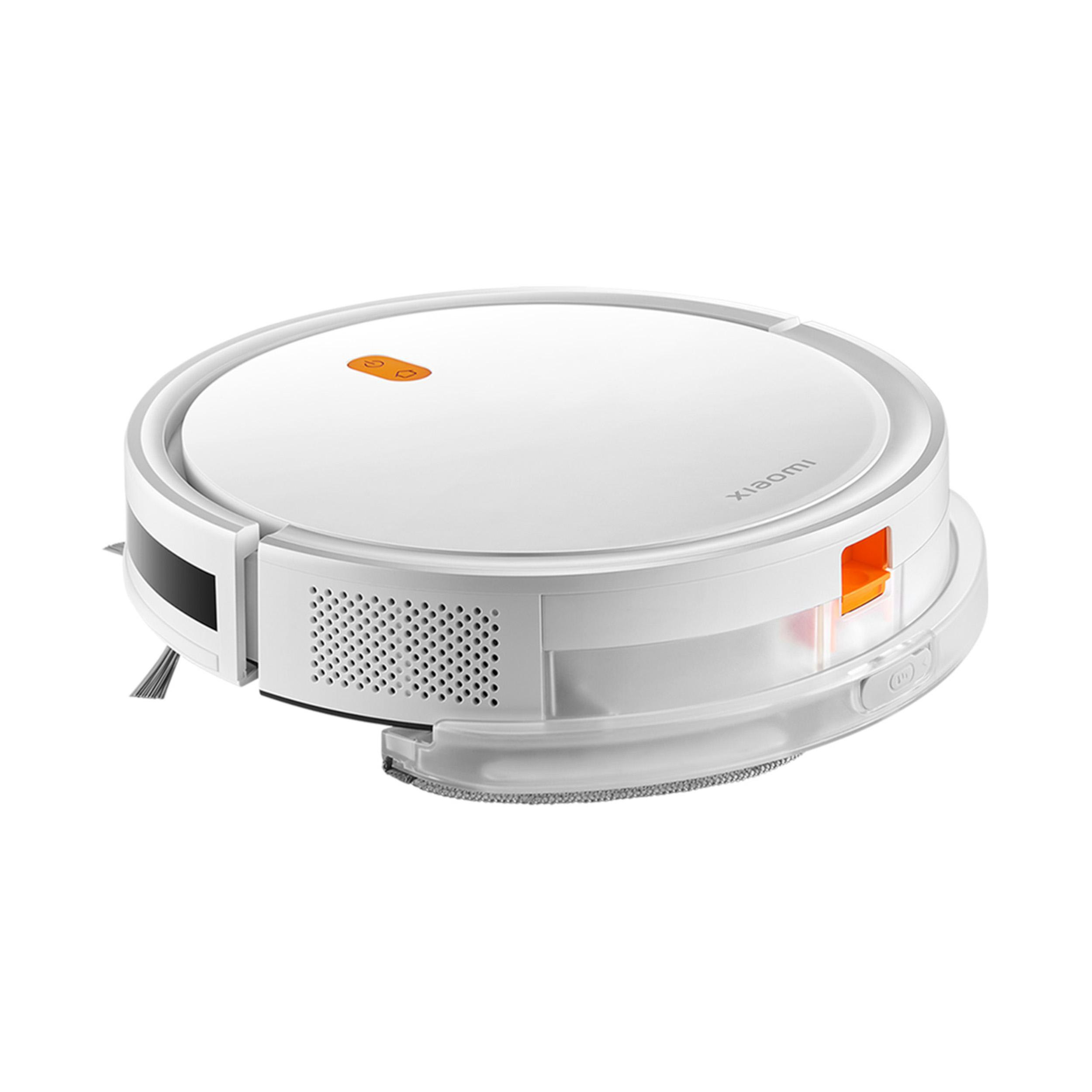 Weißer Roboter-Staubsauger auf weißem Hintergrund, mit Details.
