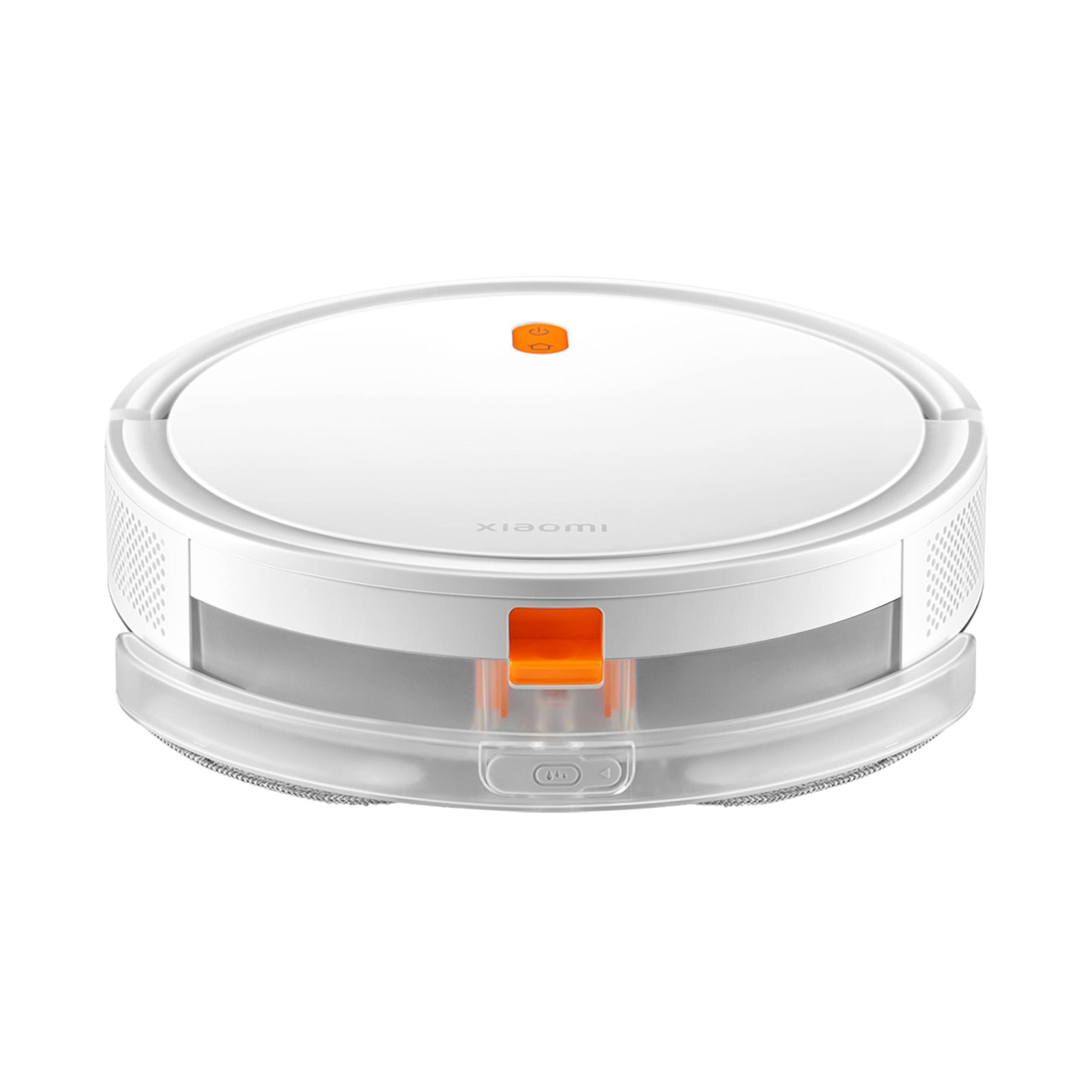 Weißer Roboter-Staubsauger mit orangefarbenen Akzenten, Draufsicht, isoliert auf Weiß.