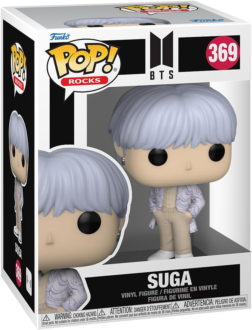 Egy Funko Pop figura a BTS tag Suga-ról egy dobozban. A figura egy gyűjthető darab.