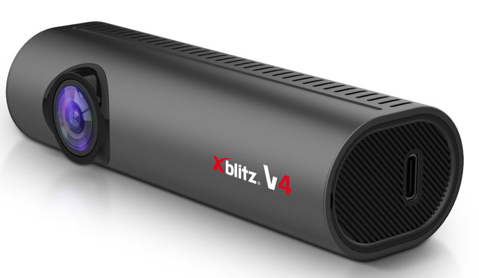 Czarna kamera samochodowa z obiektywem i napisem "xblitz.V4" w kolorze czerwonym na białym tle.