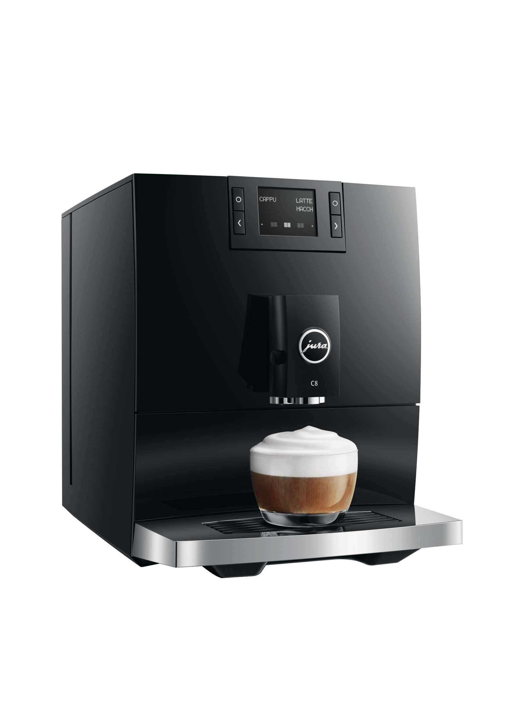Schwarze Espressomaschine mit einem Glas Latte Macchiato.