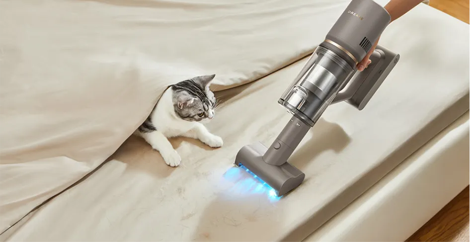 Un chat sort de sous une couverture pendant qu'un aspirateur nettoie le sol.