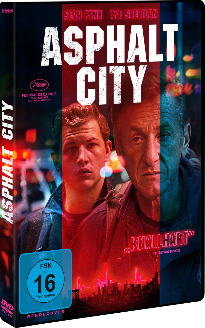 DVD-Cover des Films Asphalt City. Mit Sean Penn und Tye Sheridan, Stadtlichter im Hintergrund.