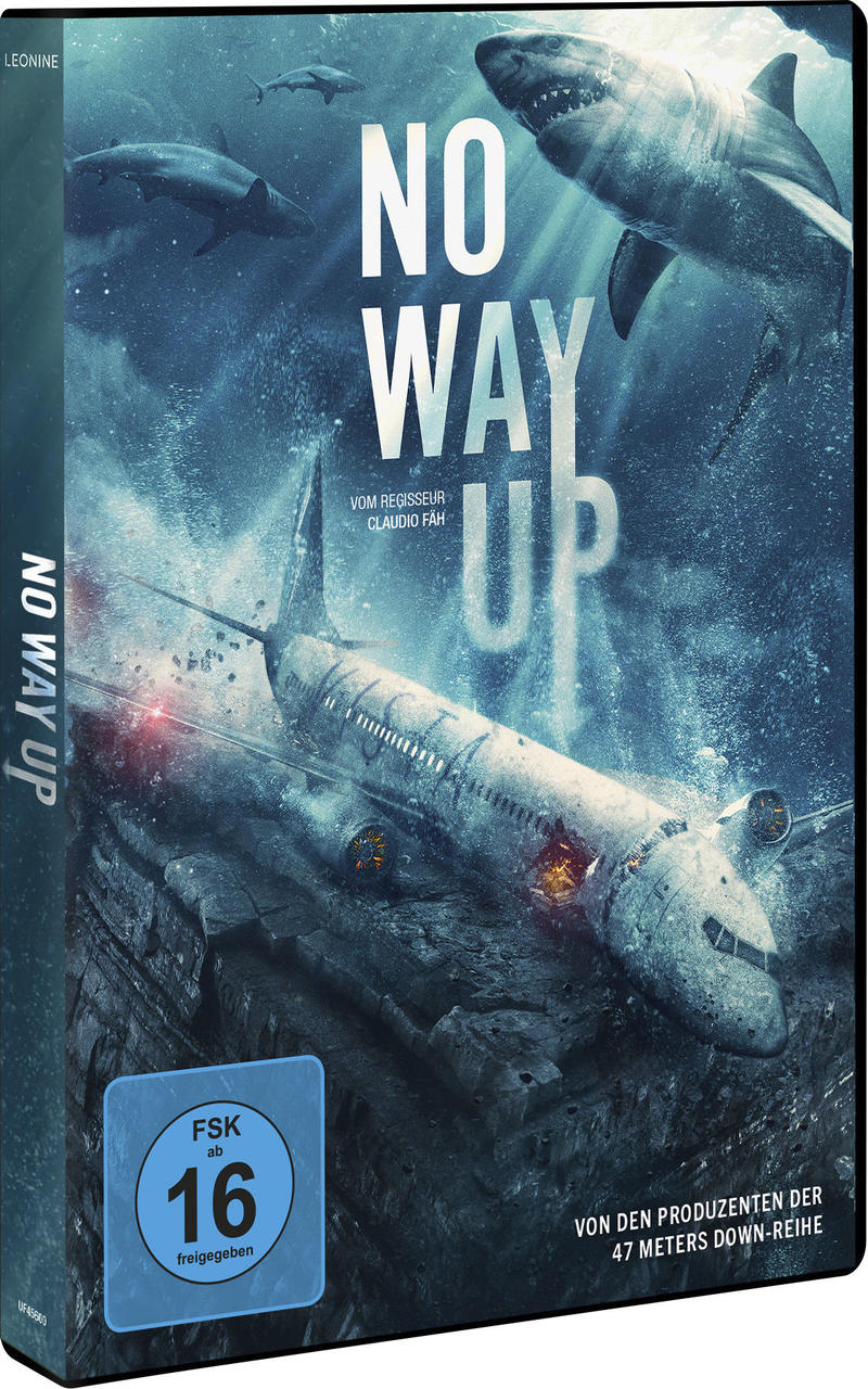 Filmcover für No Way Up mit Haien und einem Flugzeug unter Wasser.