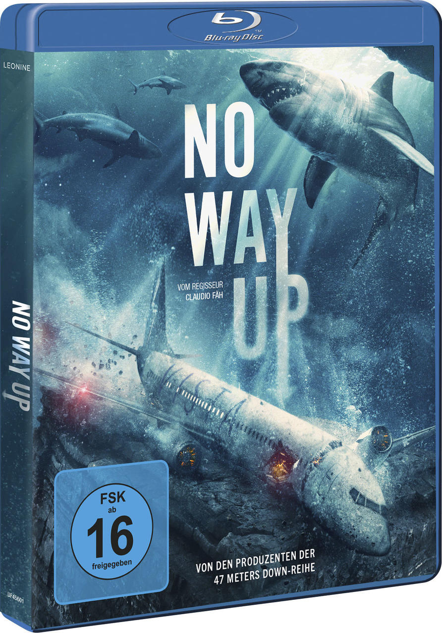 Blu-ray-Cover des Films No Way Up. Haie greifen ein abgestürztes Flugzeug unter Wasser an.