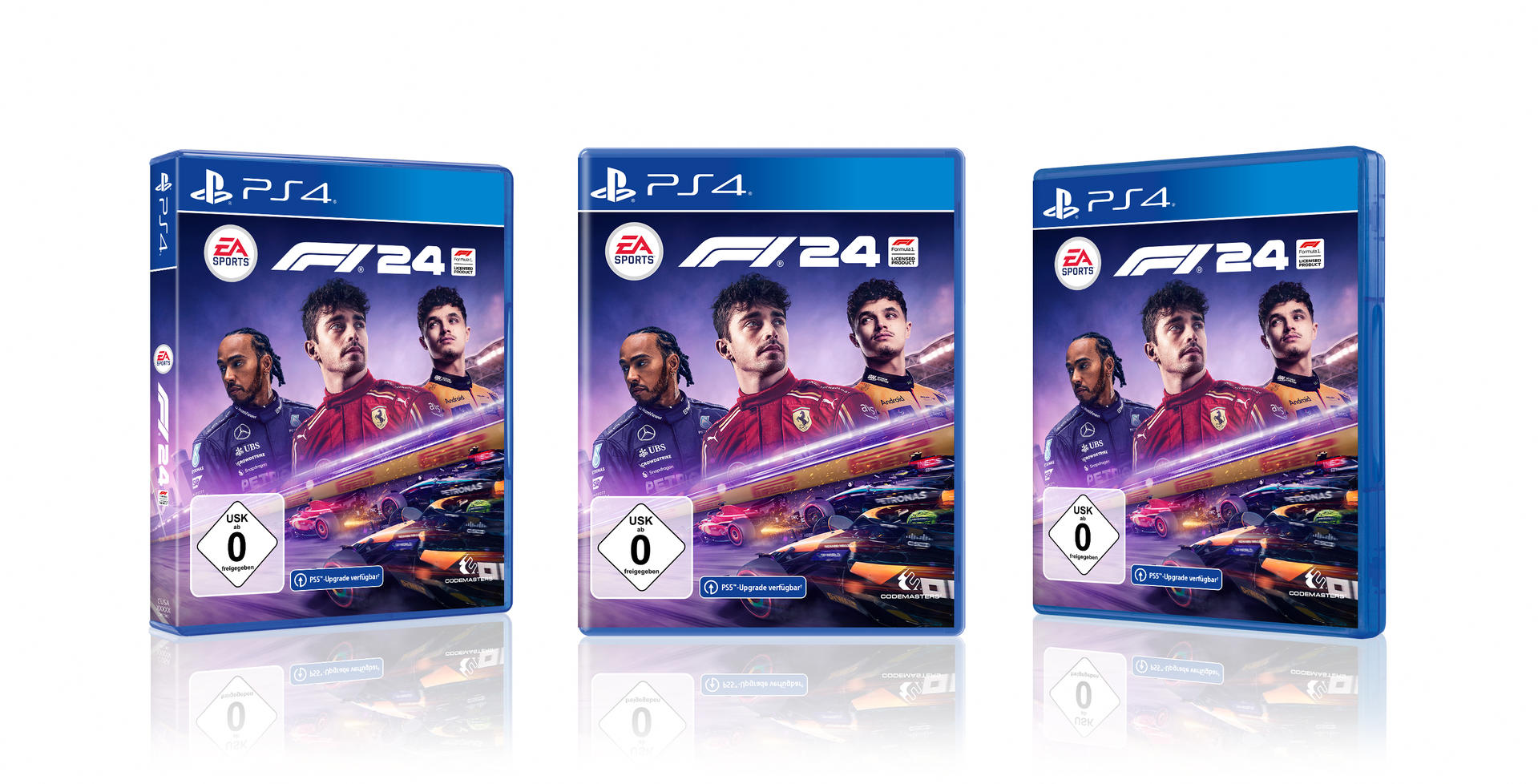 Drei F1 24 PS4-Spielboxen. Fahrer auf dem Cover, blaue Hüllen, weißer Hintergrund.