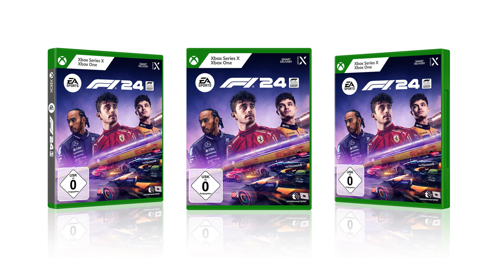 Drei Spielboxen mit dem gleichen Cover. Sie zeigen ein Rennwagen-Spiel. Die Boxen sind grün.