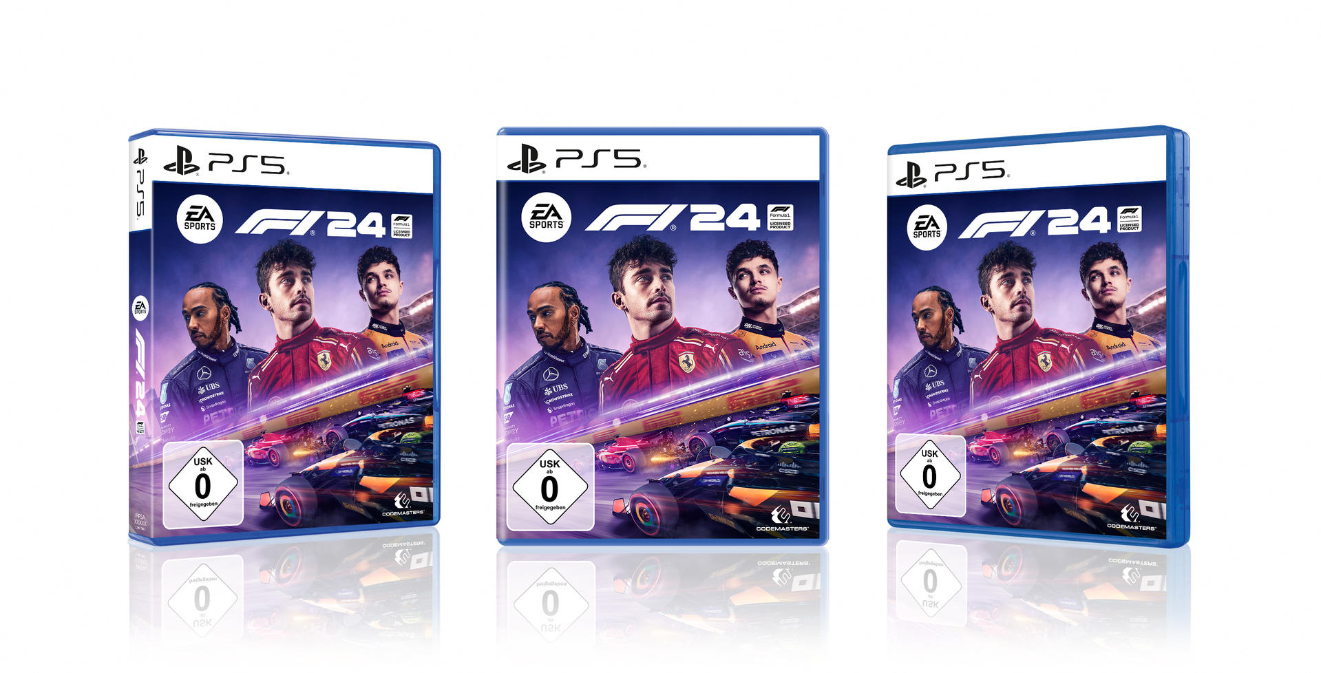 Drei Videospielboxen aufgereiht. F1 24 Spiel. Formel-1-Rennsport-Thema. USK-Bewertung 0.