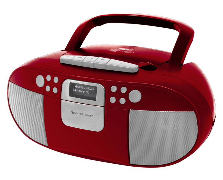 Rotes tragbares CD-Player-Radio mit Griff und Lautsprechern.