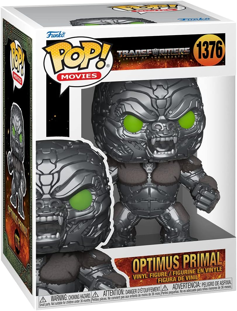 Funko Pop Optimus Primal-ről a Transformers-ből. A figura dobozban, zöld szemekkel.