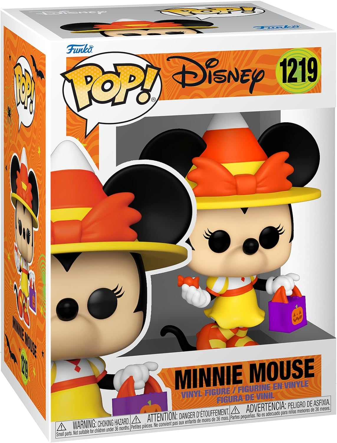 Funko Pop Minnie Mouse-ról Halloween-i jelmezben. Dobozban, boszorkánykalappal, táskával.