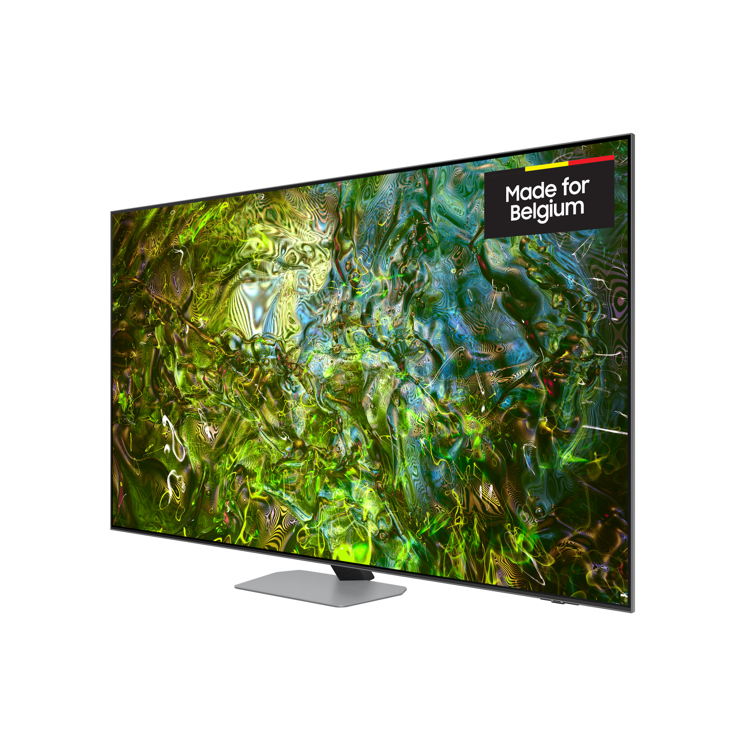 Een groot tv-scherm met een abstract groen en geel patroon, met een zilveren voet.