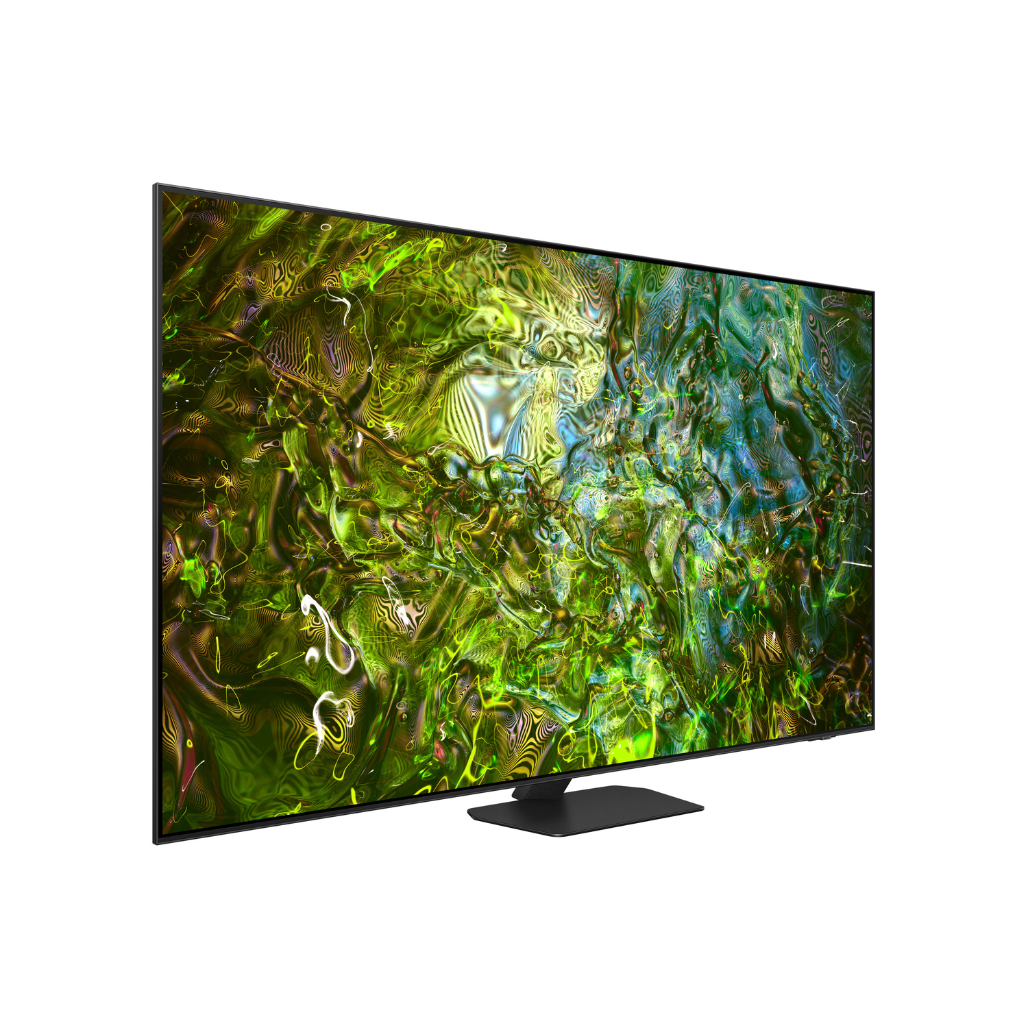 Samsung TV, zijaanzicht, toont groene en blauwe abstracte kunst.