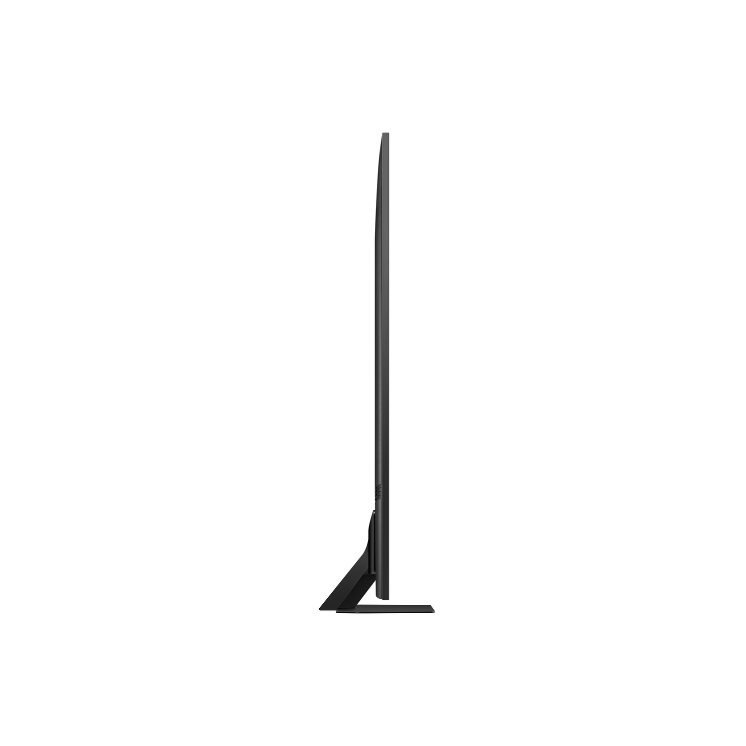 Zijaanzicht van een zwarte, dunne tv op een donkere standaard. Minimalistisch design.