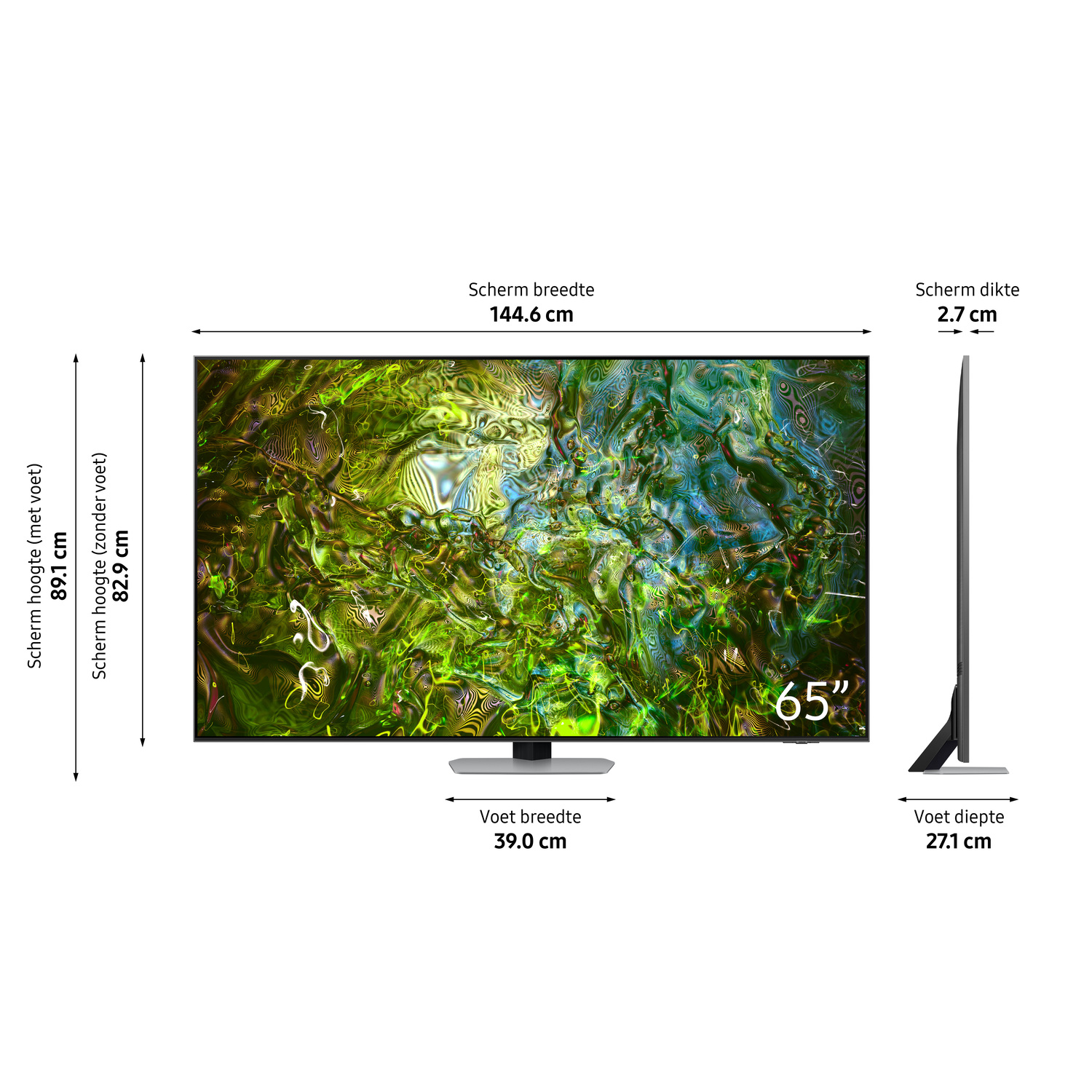 65" Samsung TV met afmetingen. Groen, abstract scherm, zwart voetstuk, witte achtergrond.