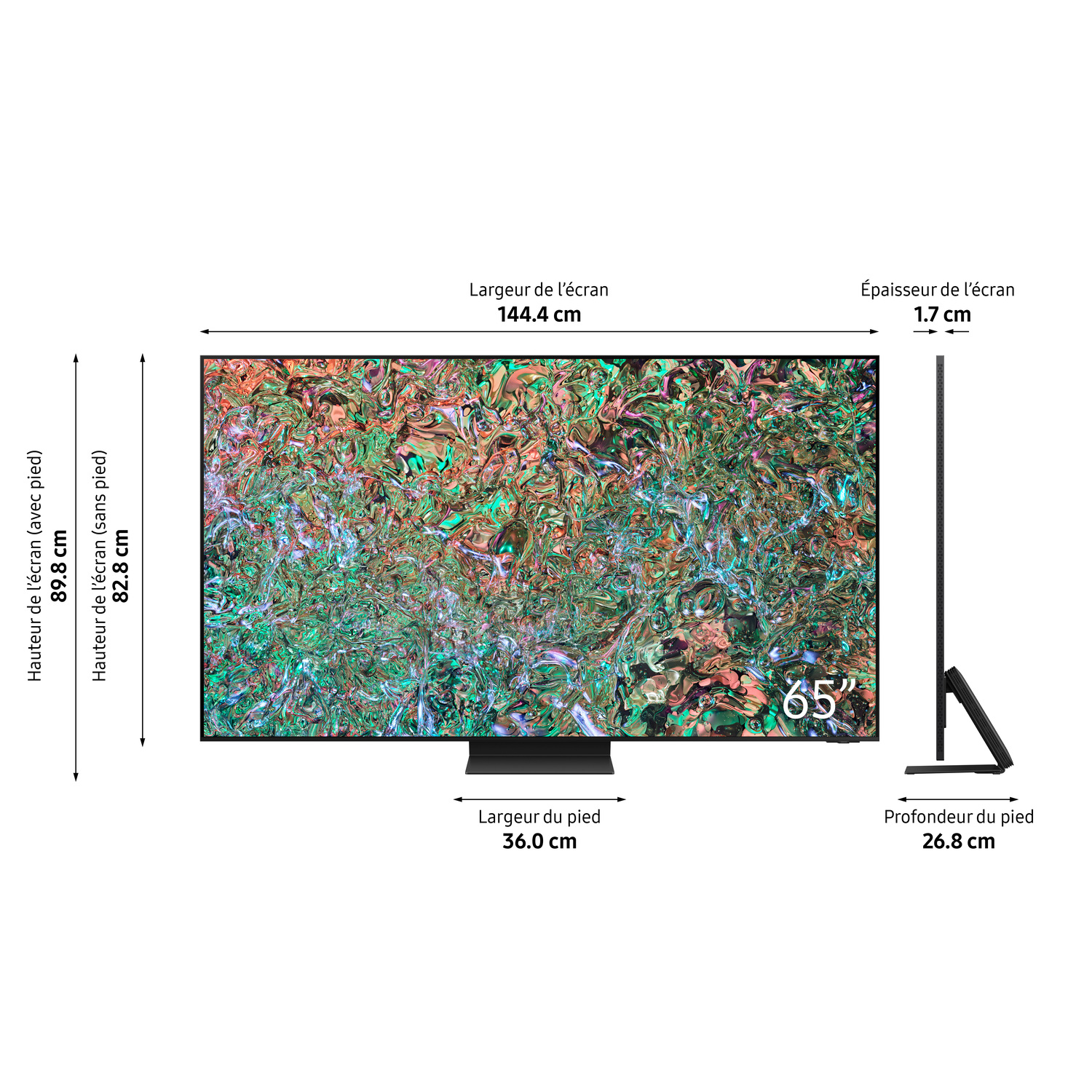 Un téléviseur de 65 pouces. Dimensions et mesures affichées.