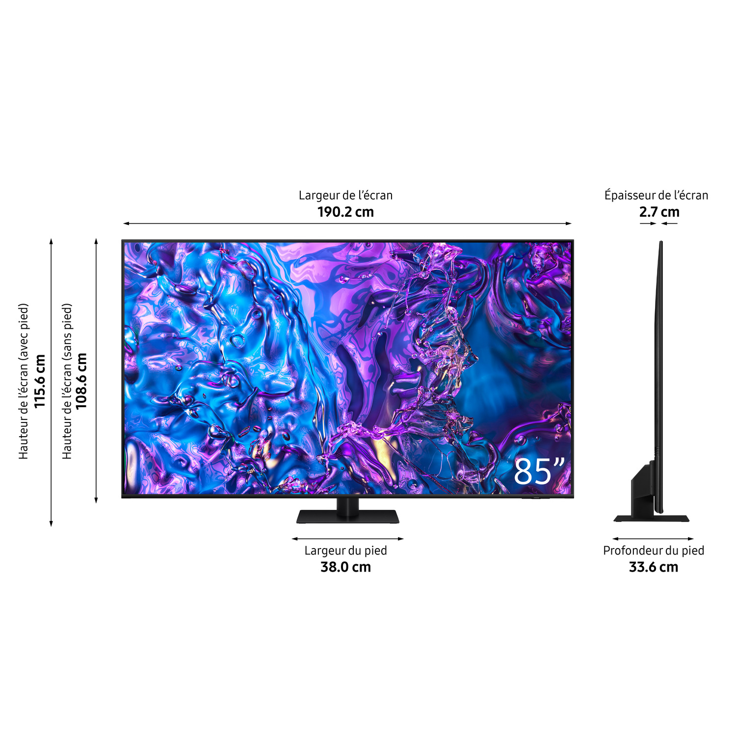 Un grand écran de télévision avec les dimensions affichées, à côté de sa vue latérale.