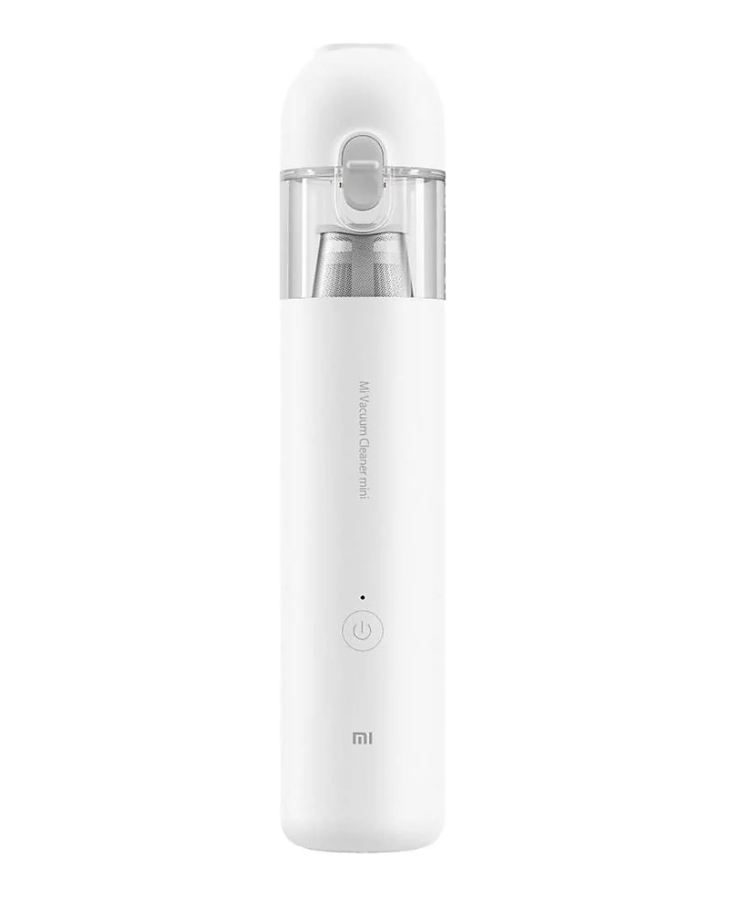 Un Mi Vacuum Cleaner Mini bianco, orientato verticalmente, su sfondo nero. Mostra il pulsante di accensione.
