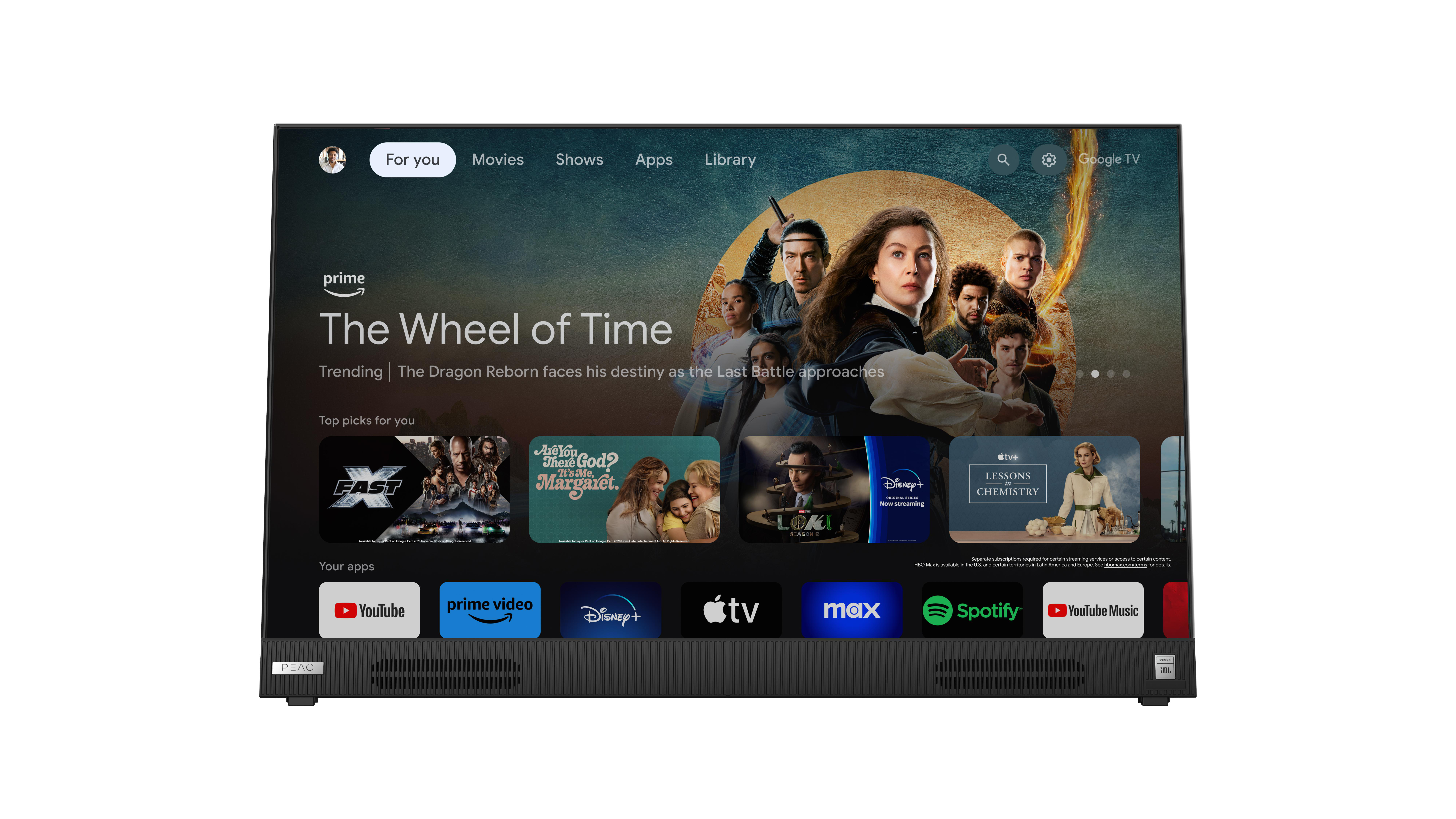 Schwarzer TV-Bildschirm mit Streaming-Oberfläche und Show-Empfehlungen.