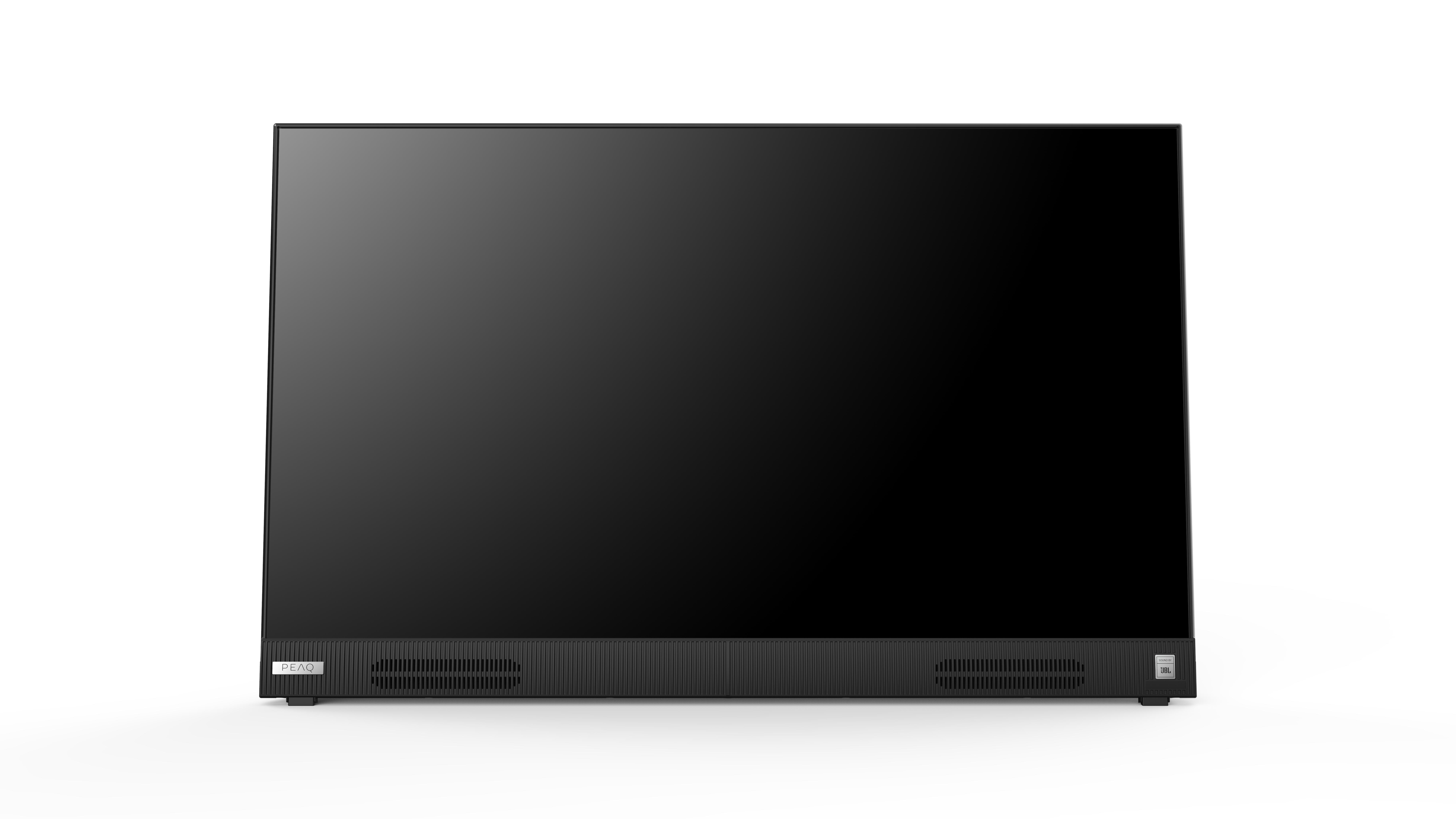 Rückansicht eines schwarzen Fernsehers mit JBL-Logo und unterem Lüfter.