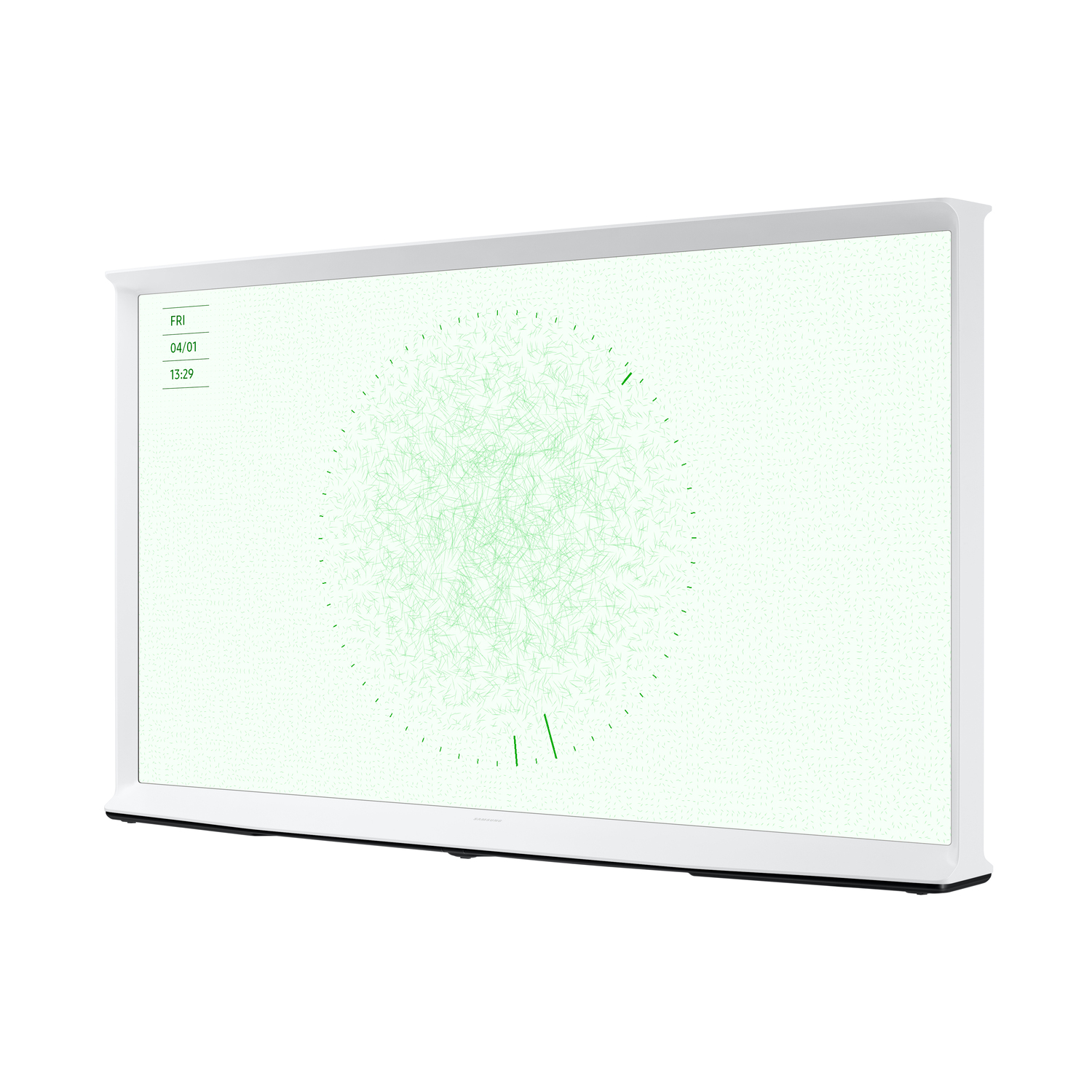 Witte tv met een groen patroon. Toont tijd en datum links.