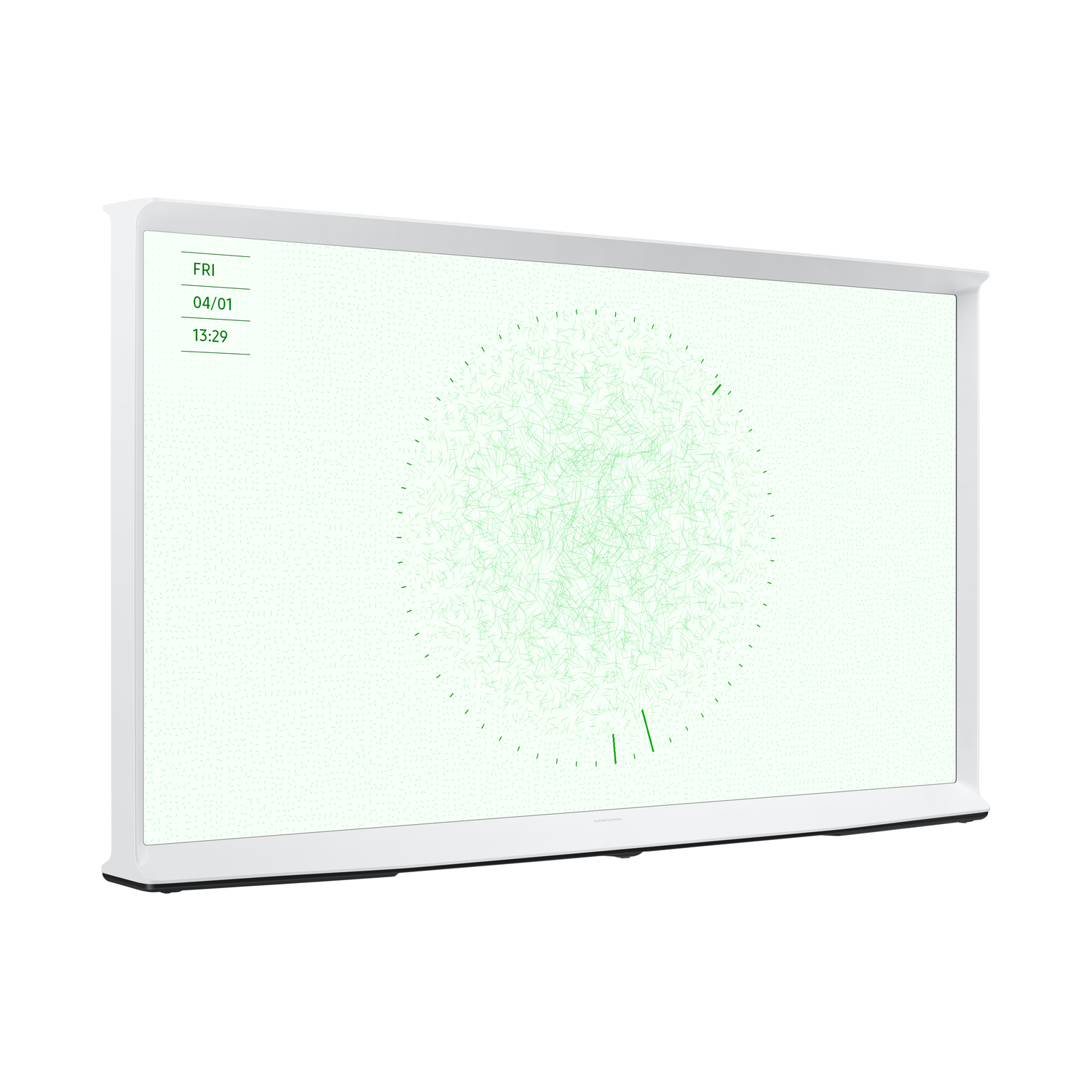 Een witte tv met een klok met een groen cirkelvormig ontwerp en tijddetails.