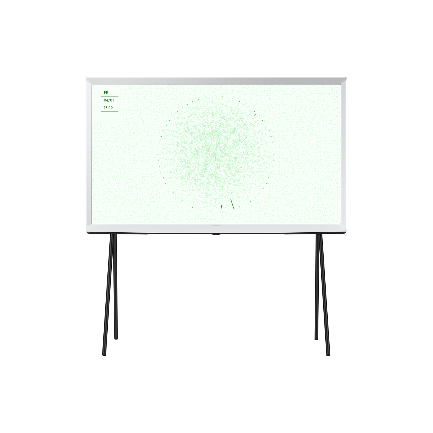 Een witte Samsung tv op een standaard, met een groen, abstract ontwerp en een tijdweergave.