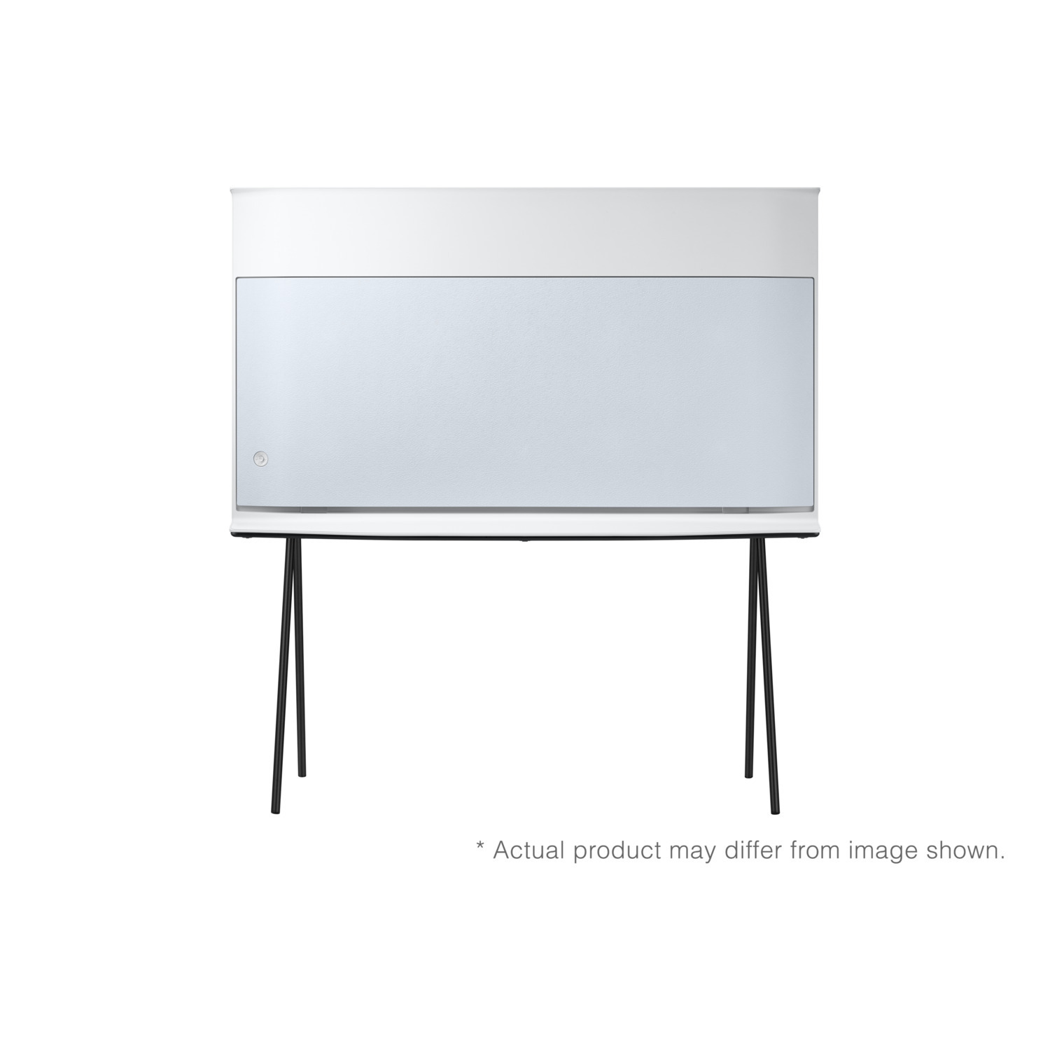 Wit tv-scherm op een zwart statief met drie poten. De tv is minimalistisch en modern vormgegeven.