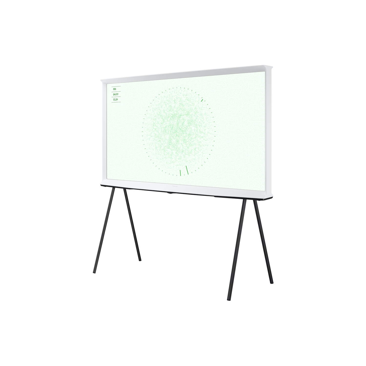 Witte Samsung TV op standaard, met een groen, abstract ontwerp.
