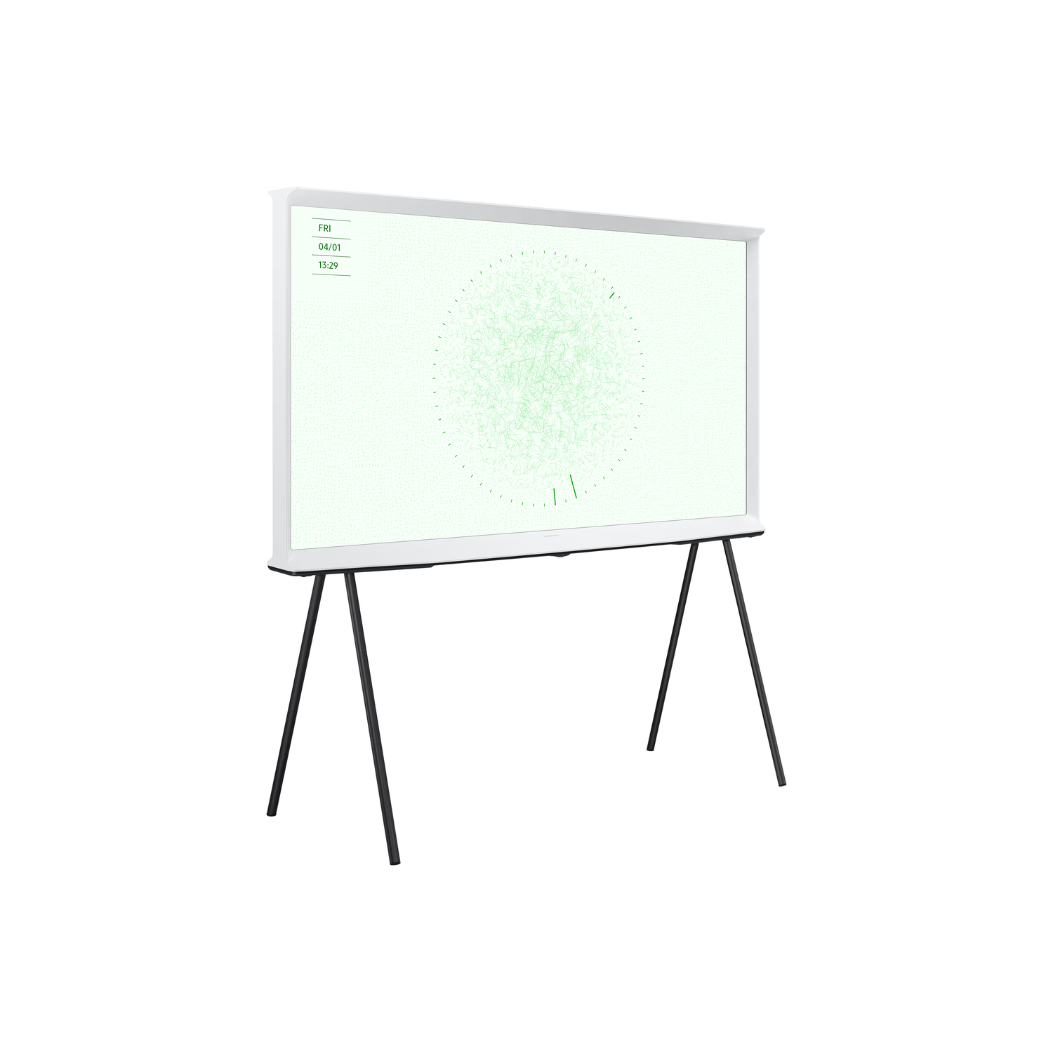 Een witte tv op een standaard met zwarte poten, met een groen, abstract ontwerp.