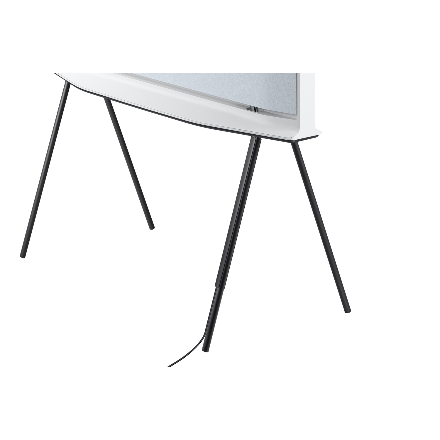 Witte tv-standaard met zwarte poten, minimalistisch design, schuine weergave.