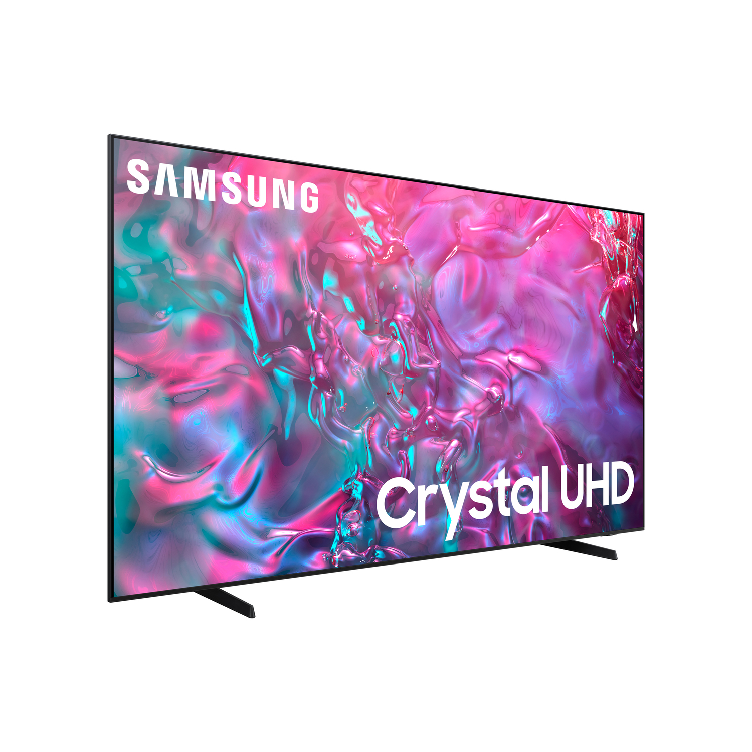 Een Samsung TV met een levendige abstracte achtergrond, witte "Crystal UHD" tekst.