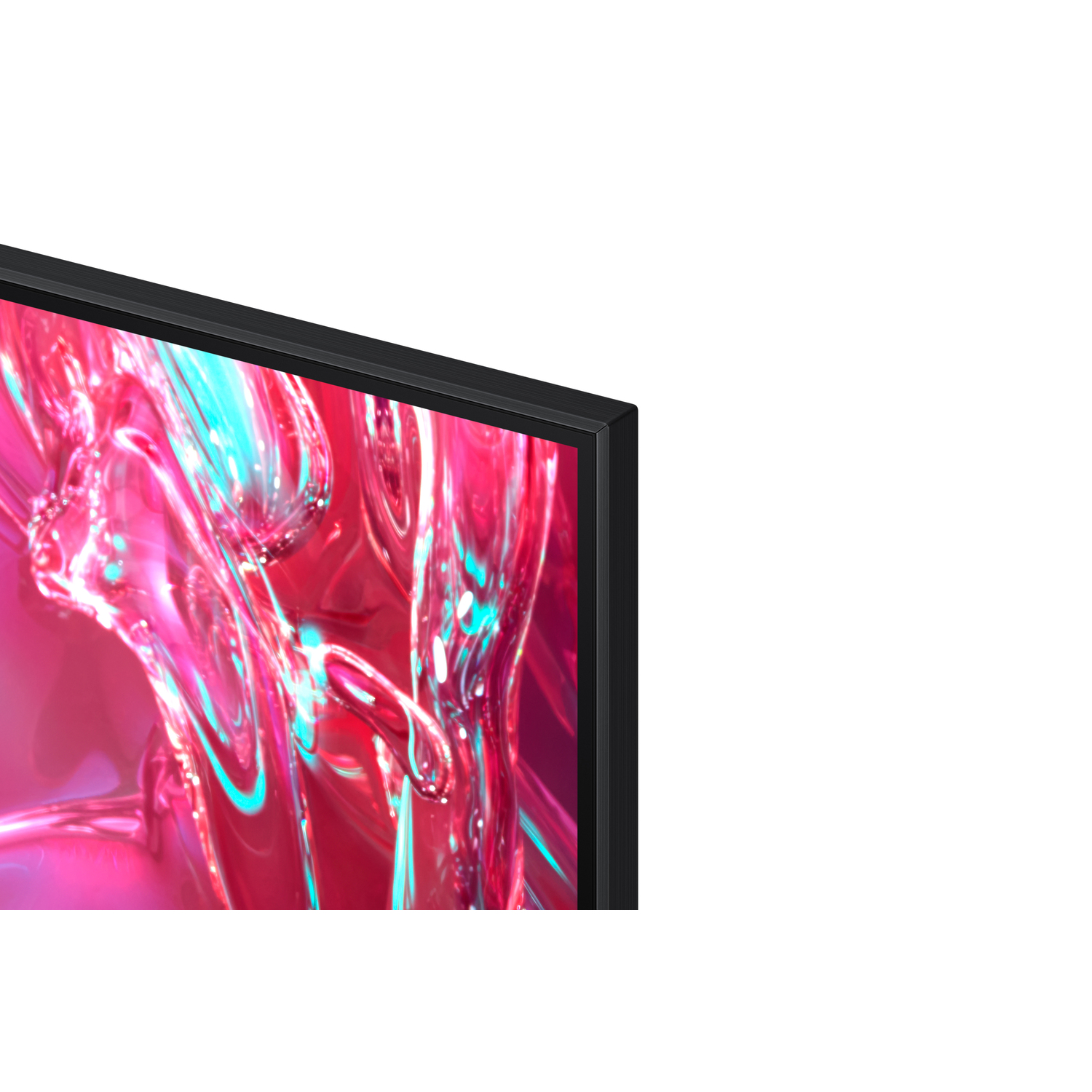 Close-up van een zwart tv-frame, hoekweergave. De rand van het scherm is zichtbaar.