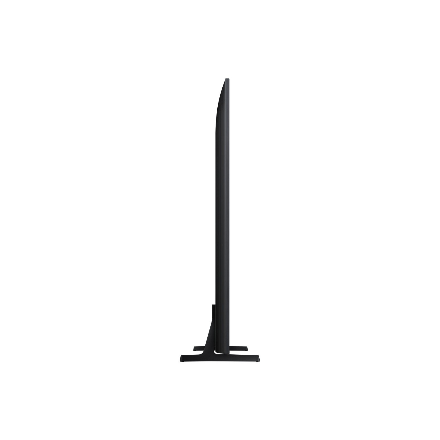 Zijaanzicht van een slanke zwarte tv op een zwarte standaard, witte achtergrond.