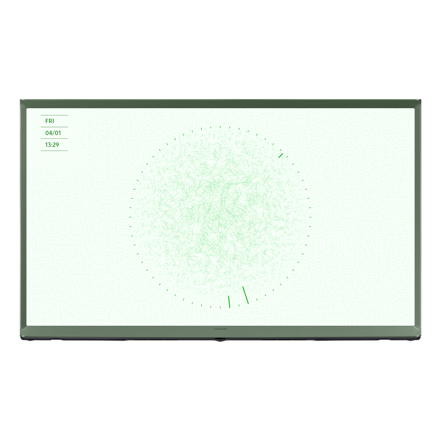 Téléviseur à cadre vert affichant un motif abstrait vert avec date et heure.