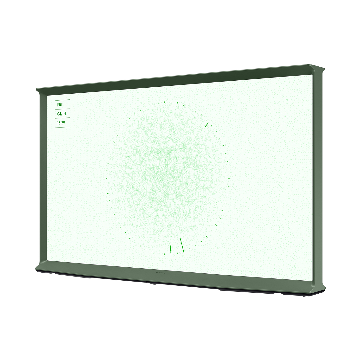 Un écran de télévision affichant un design abstrait vert, dans un cadre vert.