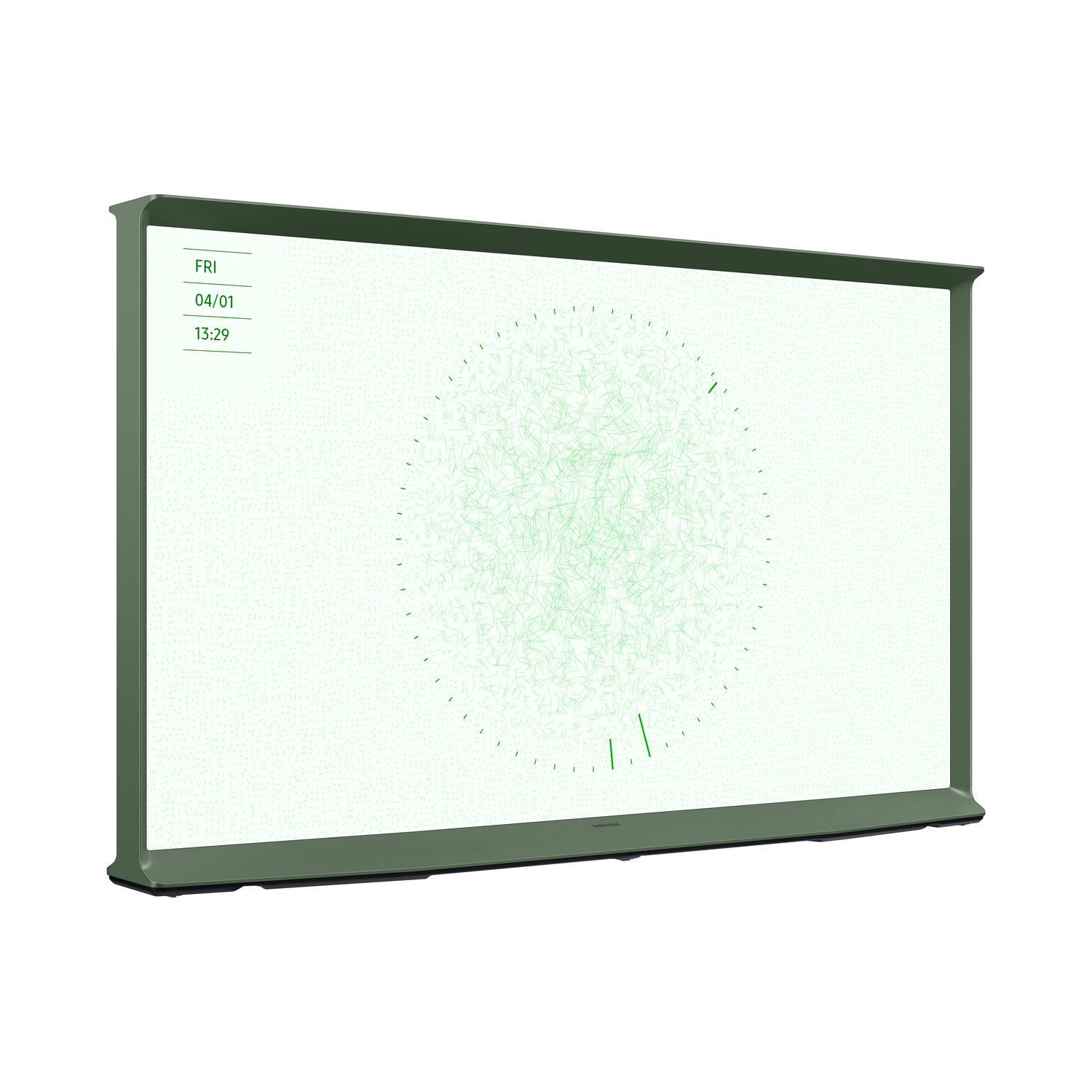 TV Samsung à cadre vert affichant un design abstrait vert, avec indicateurs de temps.