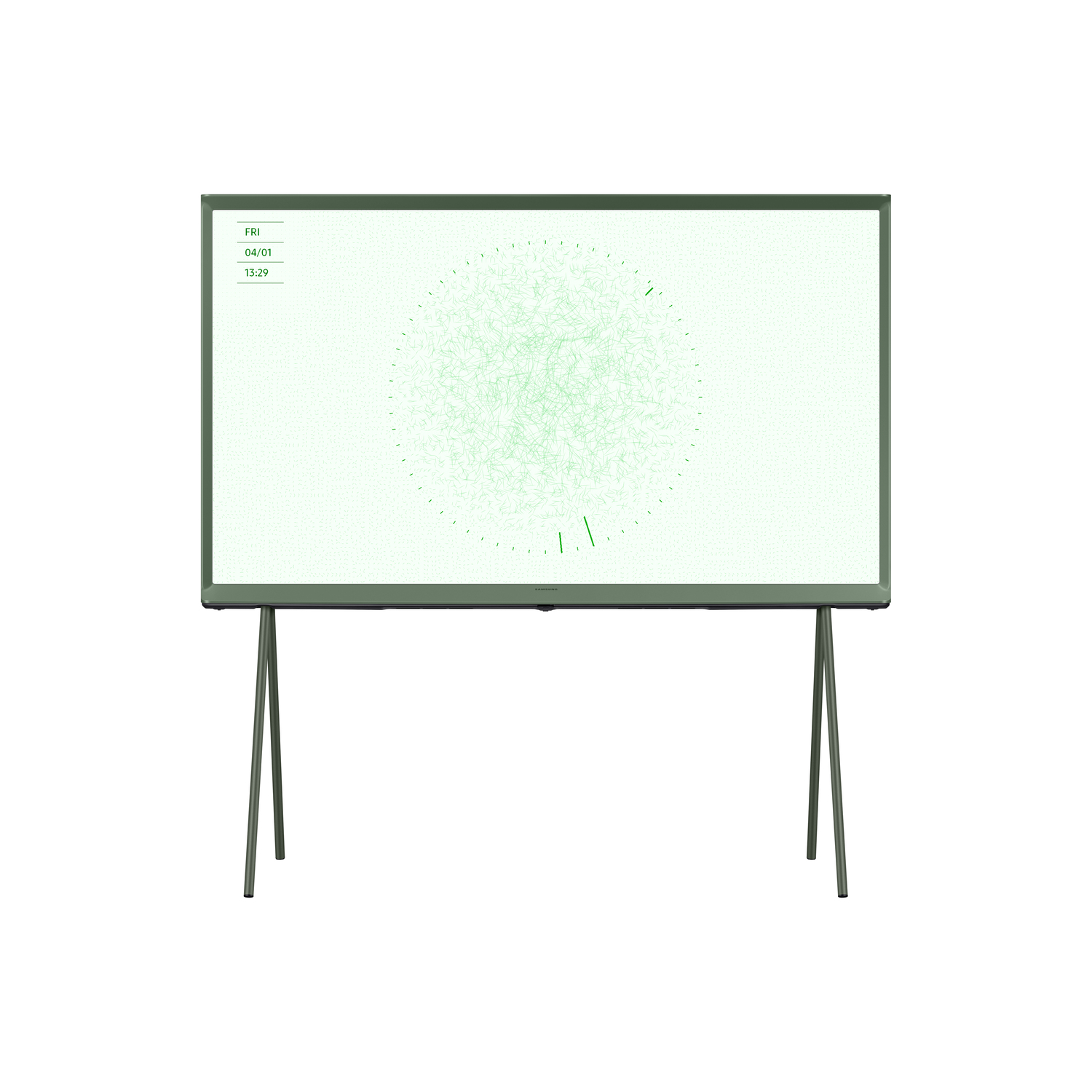 TV vert sur pied, écran affichant une horloge verte et un motif abstrait, isolé sur fond blanc.