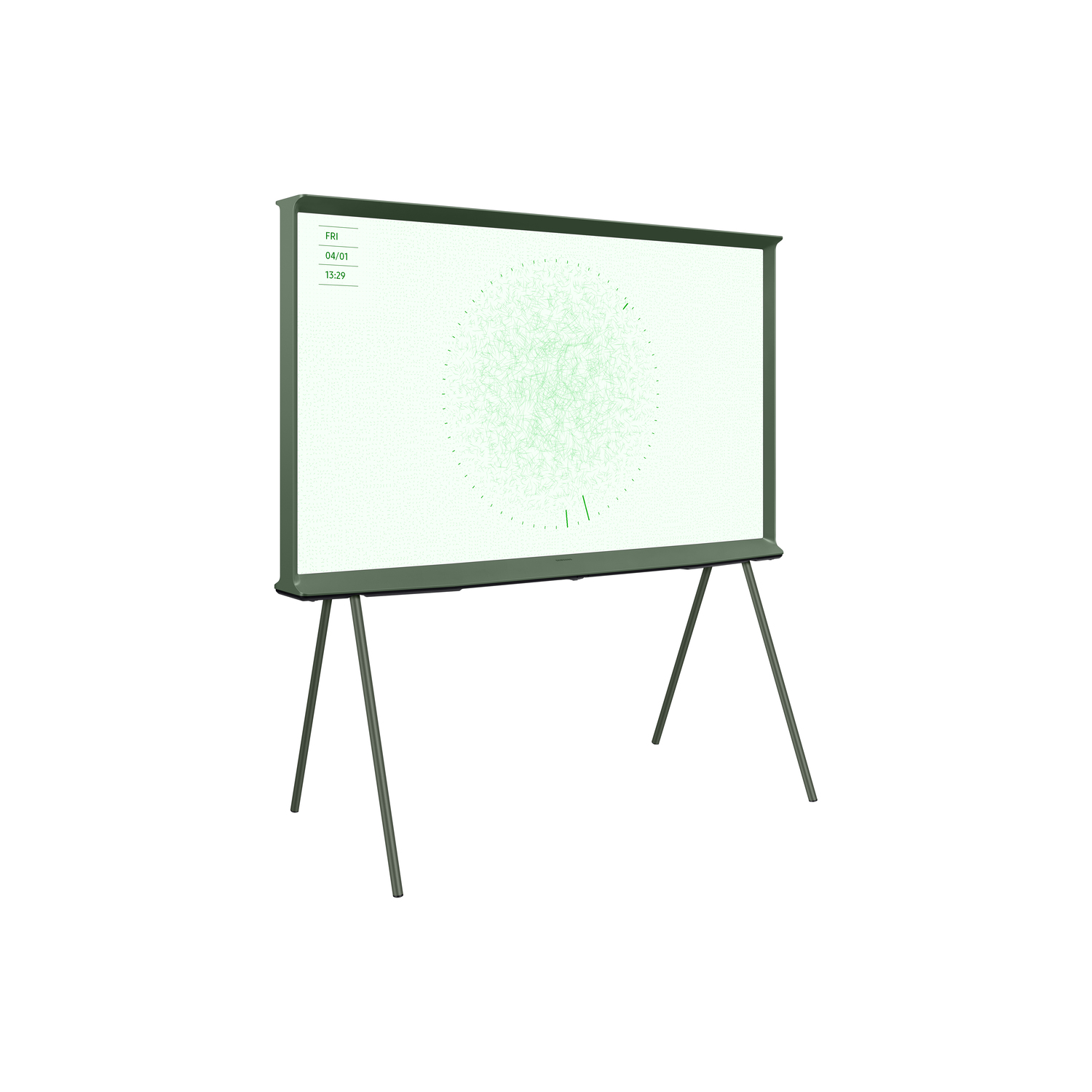 Téléviseur à cadre vert sur un support. L'écran affiche un motif vert et imprimé. Le support est vert.