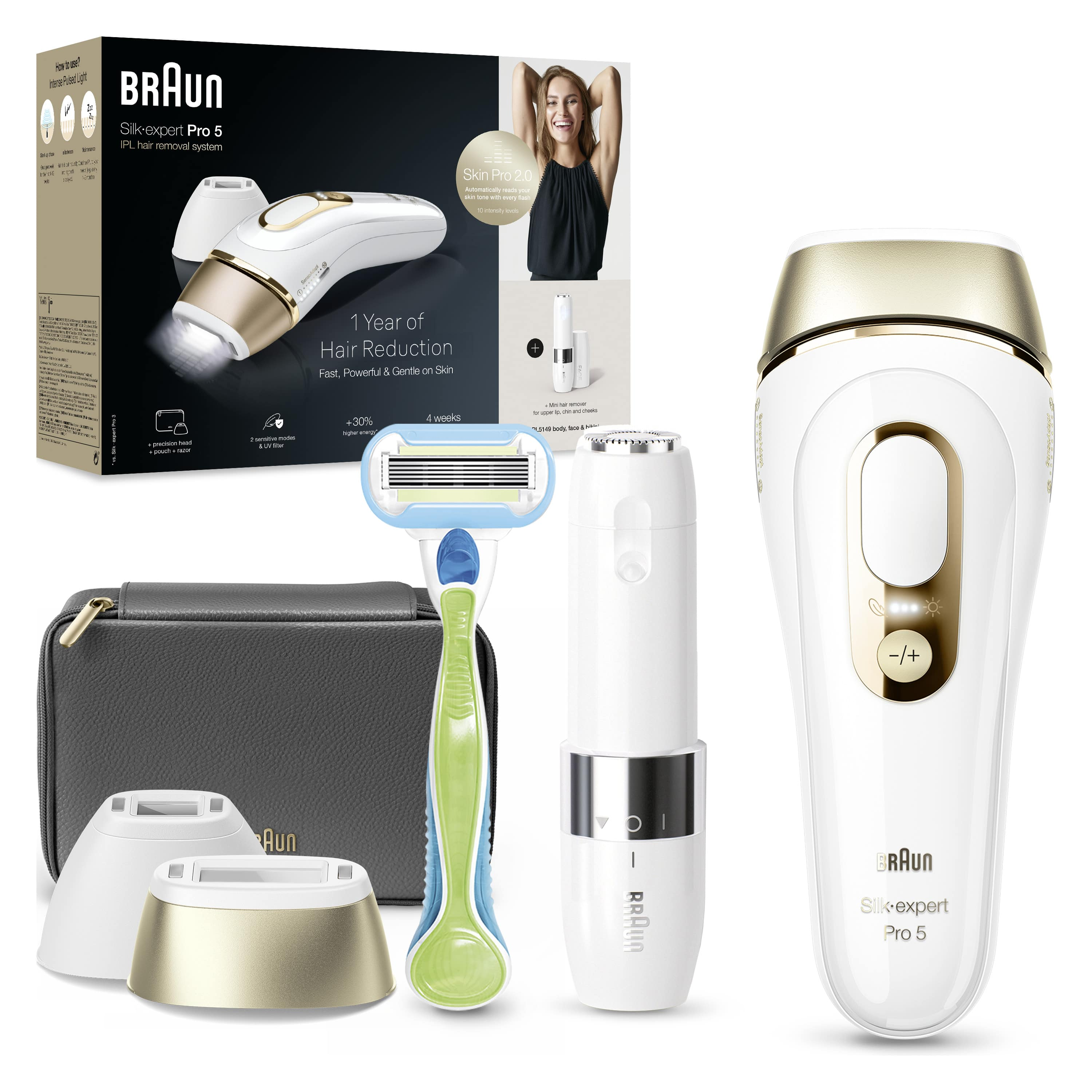 Aksesuarlarla birlikte Braun Silk-expert Pro 5 IPL tüy alma sistemi.