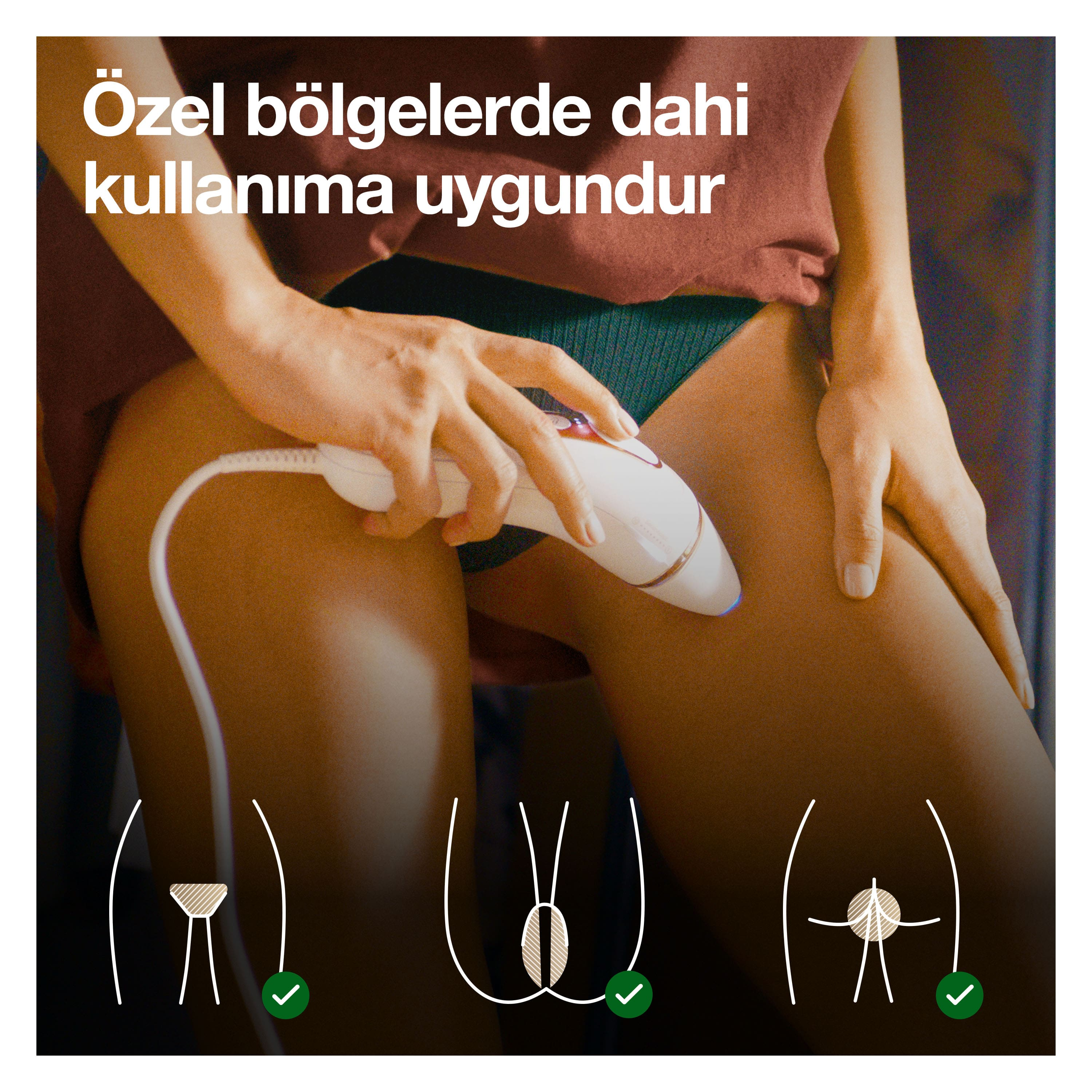 Bir kişi bir tüy alma cihazı tutuyor. Görüntüler cihazın kullanılabileceği alanları gösteriyor.