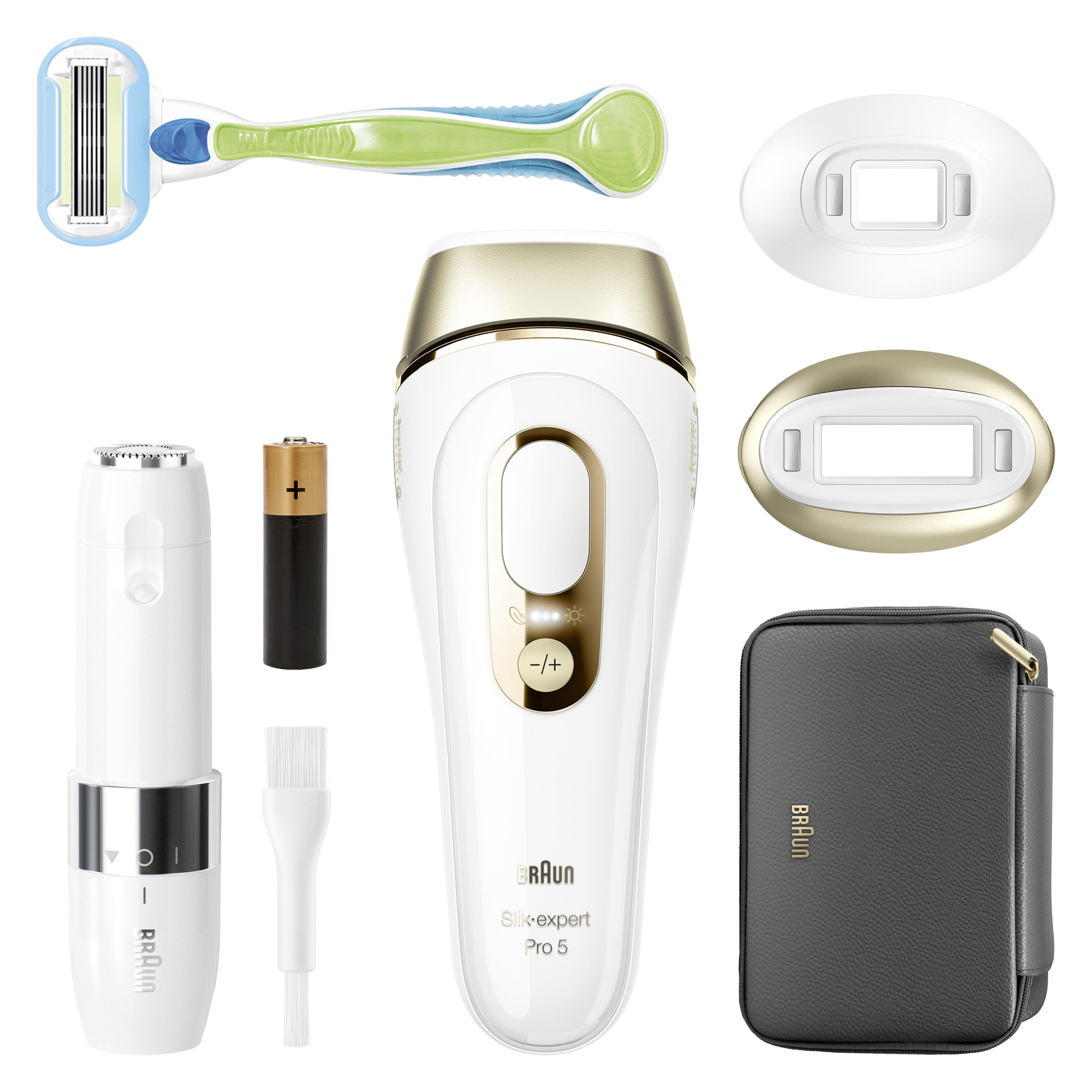 Aksesuarlı beyaz Braun Silk-expert Pro 5 IPL cihazı, tıraş makinesi ve kılıf dahil.